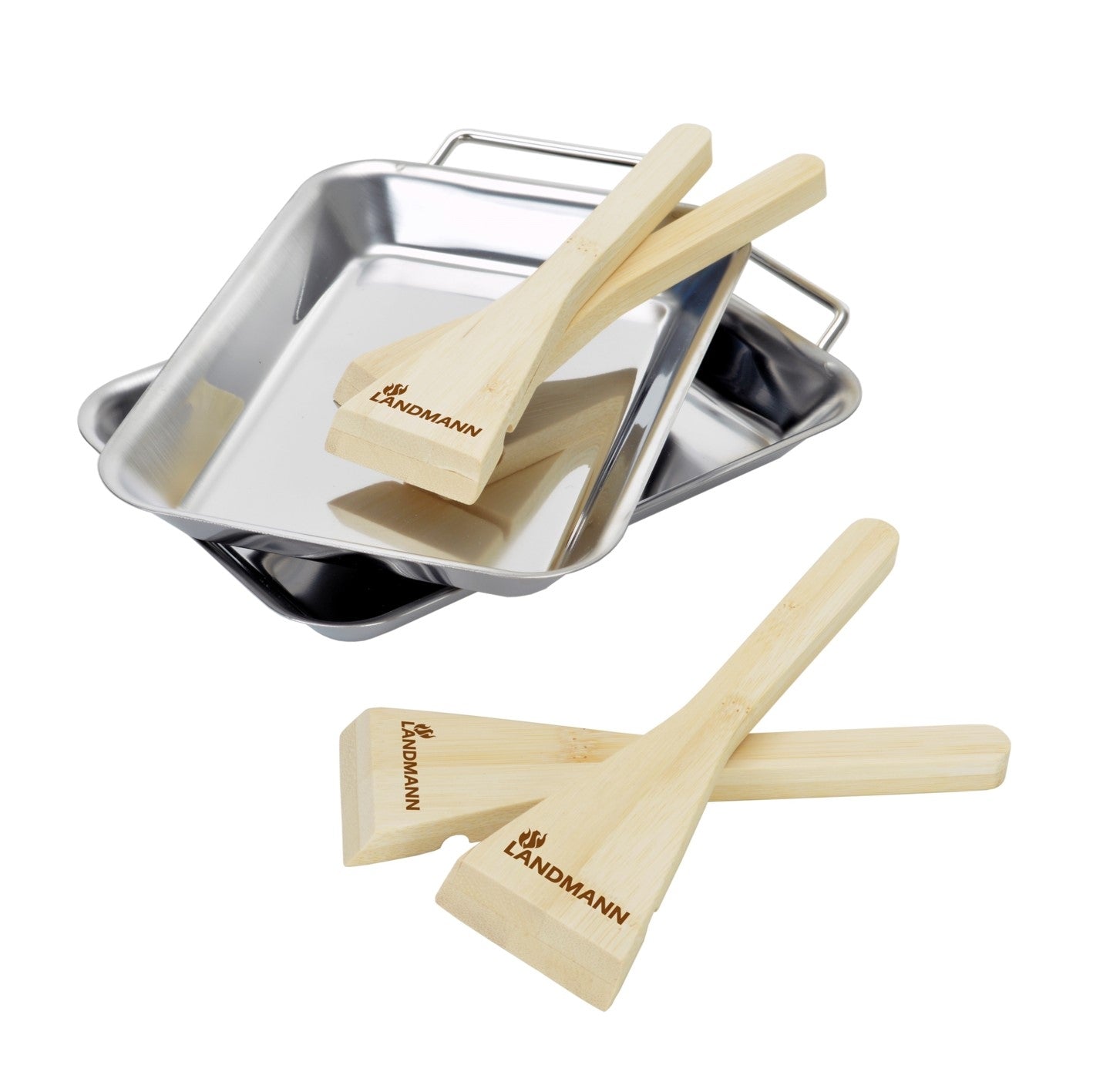 Selection Grillpfännchenset mit 2 Edelstahlpfännchen und 4 Bambus-Schabern zum Griff und Entleeren.