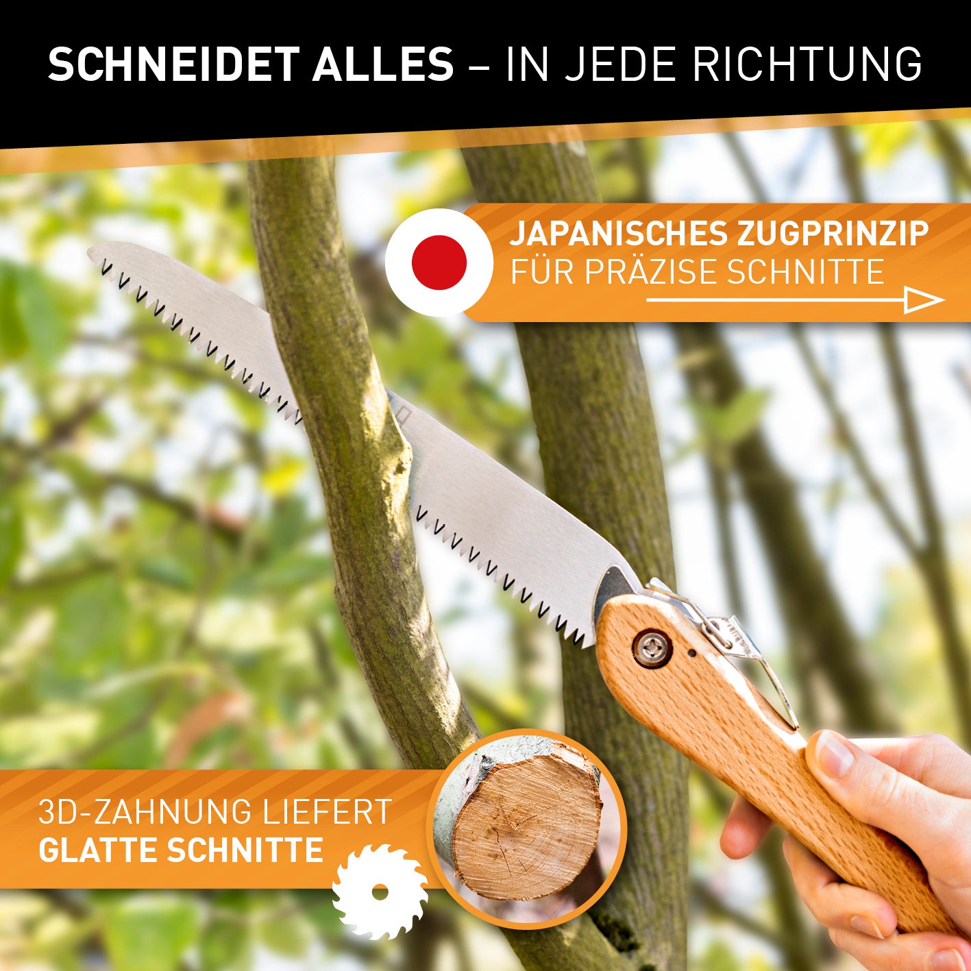 Klappbare Handsäge aus Karbonstahl - 21 cm mit 3D-Verzahnung für präzise, saubere Schnitte bei Garten- und Outdoor-Arbeiten.