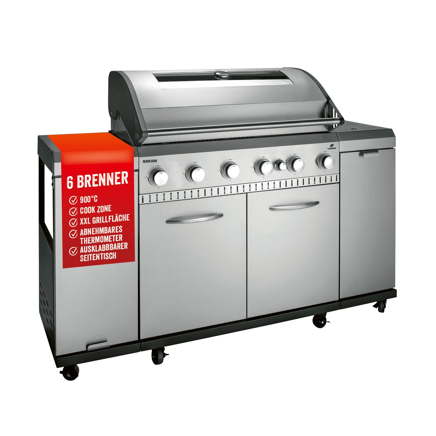 Gasgrill Rexon 6.1 cooK Edelstahl mit 6 Brennern, COOK-ZONE, abnehmbarem Thermometer und ausklappbarem Seitentisch.