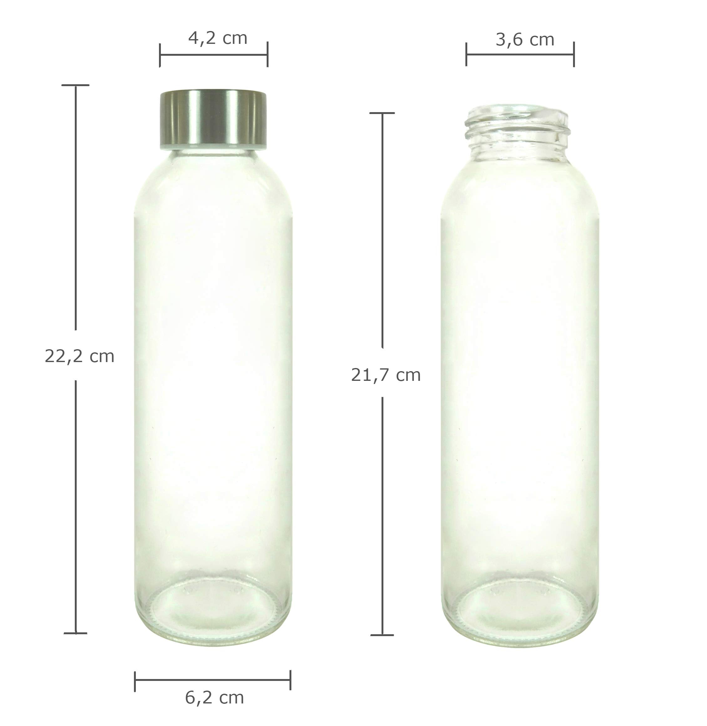 Glasflaschen-Set - 6 Stück à 500 ml, transparente stabile Flaschen mit Edelstahl Deckel und Maßen für heiße und kalte Getränke.
