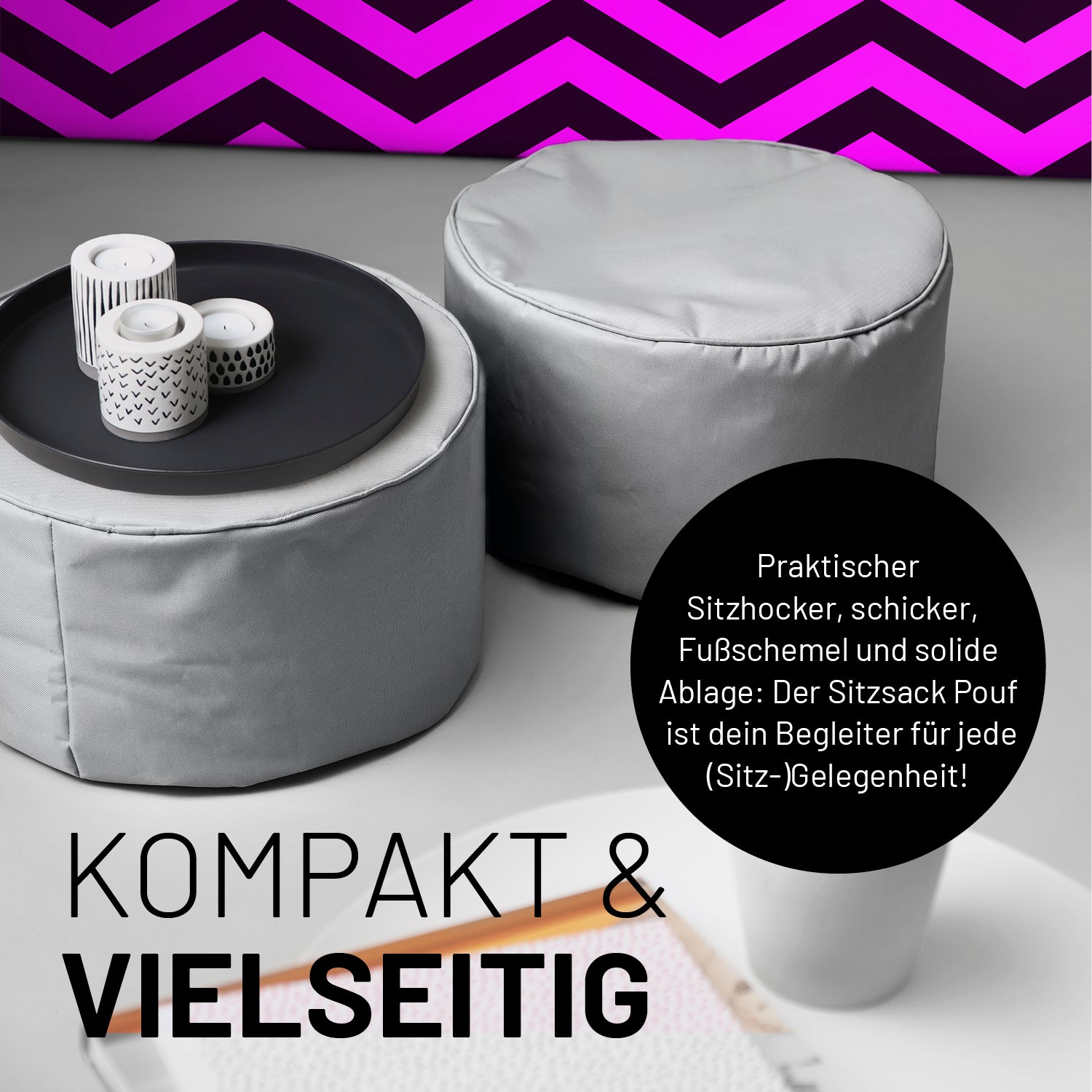 Sitzsack-Hocker/Pouf (50 L) in Silbergrau, multifunktional als Sitzhocker, Fußschemel und Ablage für Indoor & Outdoor.