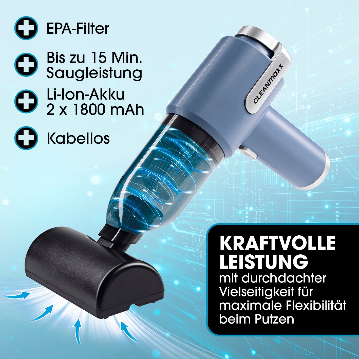 2in1-Akkusauger kabellos mit 5 kPa Saugleistung, EPA-Filter, Li-Ion-Akku und bis zu 15 Min. Laufzeit für vielseitigen Einsatz.