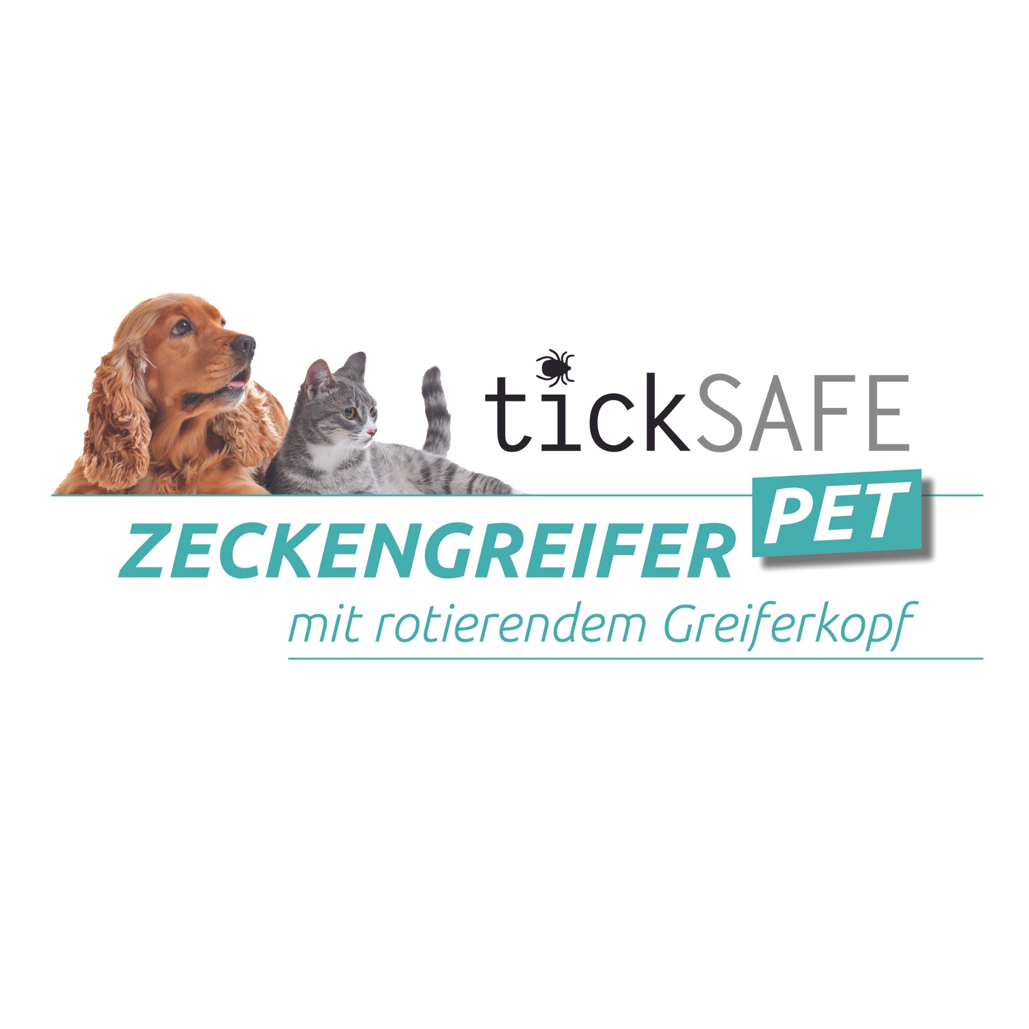 Logo mit Hund und Katze zum Zeckengreifer für Tiere mit rotierendem Greiferkopf gegen Zecken bei Haustieren