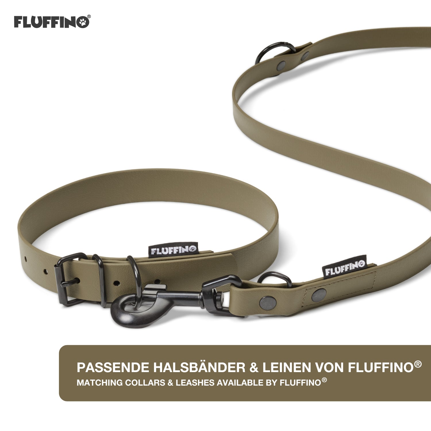Hundehalsband aus BioThane - 5-fach verstellbare Größe S 27-34 cm in Oliv, vegane, wasserfeste Qualität von FLUFFINO.