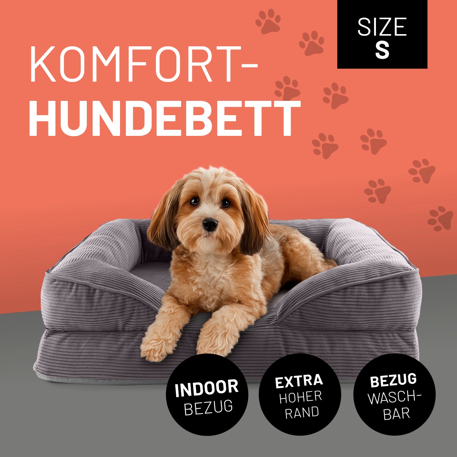 Komfort-Hundebett aus der LUMALAND Cord-Reihe - Gr. S - 70 x 60 cm - Grau mit hohem Rand und waschbarem Cord-Bezug.