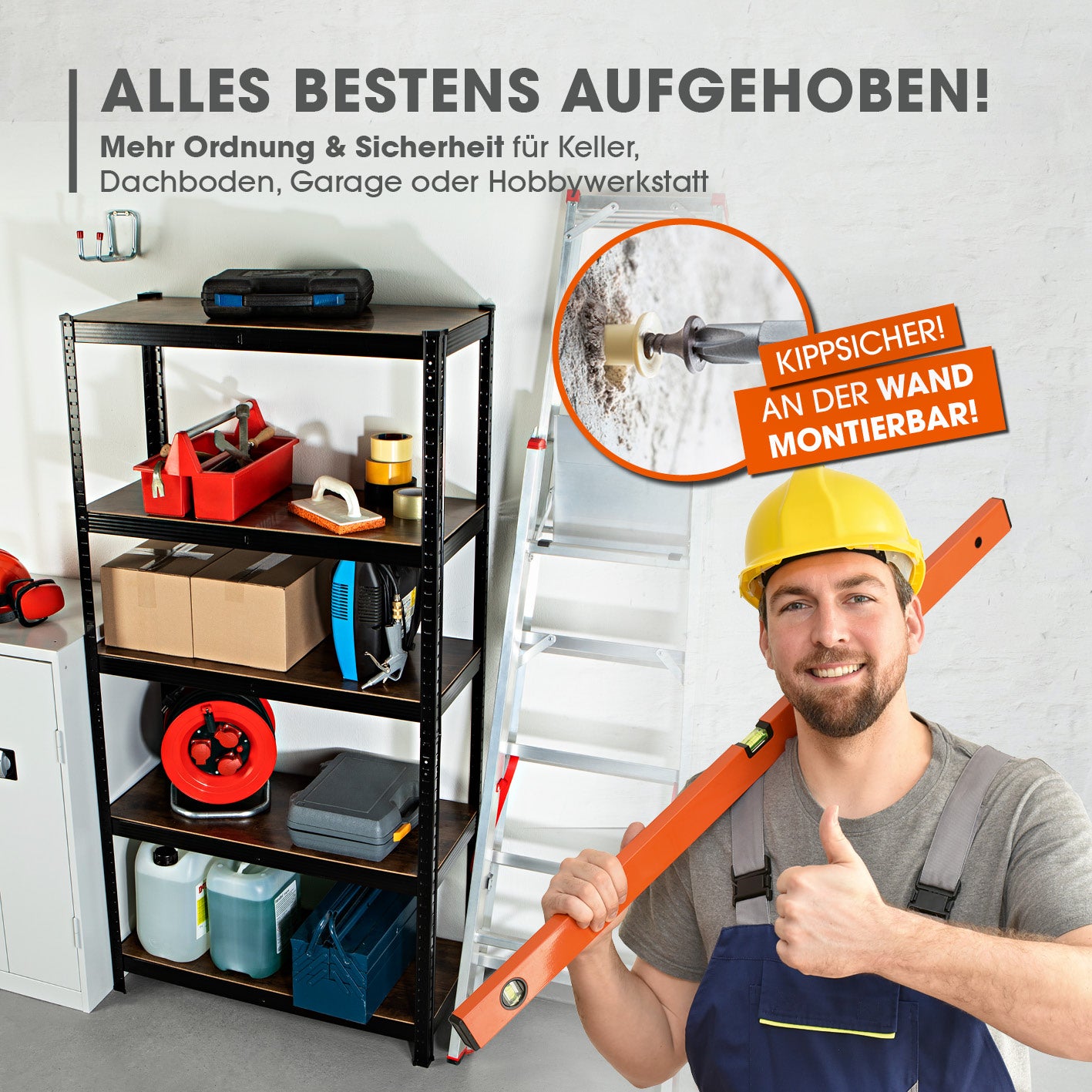 2 in 1 Schwerlastregal & Werkbank - 180 x 90 x 40 cm - Schwarz mit Metallkonstruktion und 5 MDF-Platten für mehr Ordnung und Stauraum