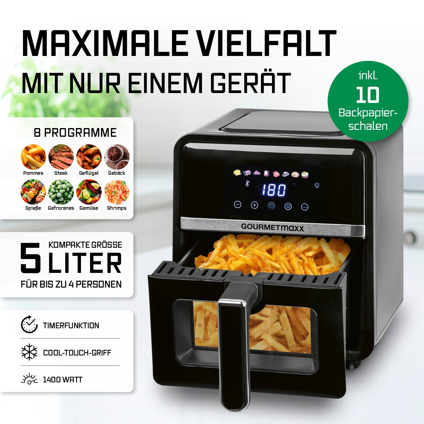 Heißluftfritteuse - 5 Liter mit 8 Programmen, Timerfunktion und 10 Backpapierschalen für fettarmes Frittieren bis zu 4 Personen.