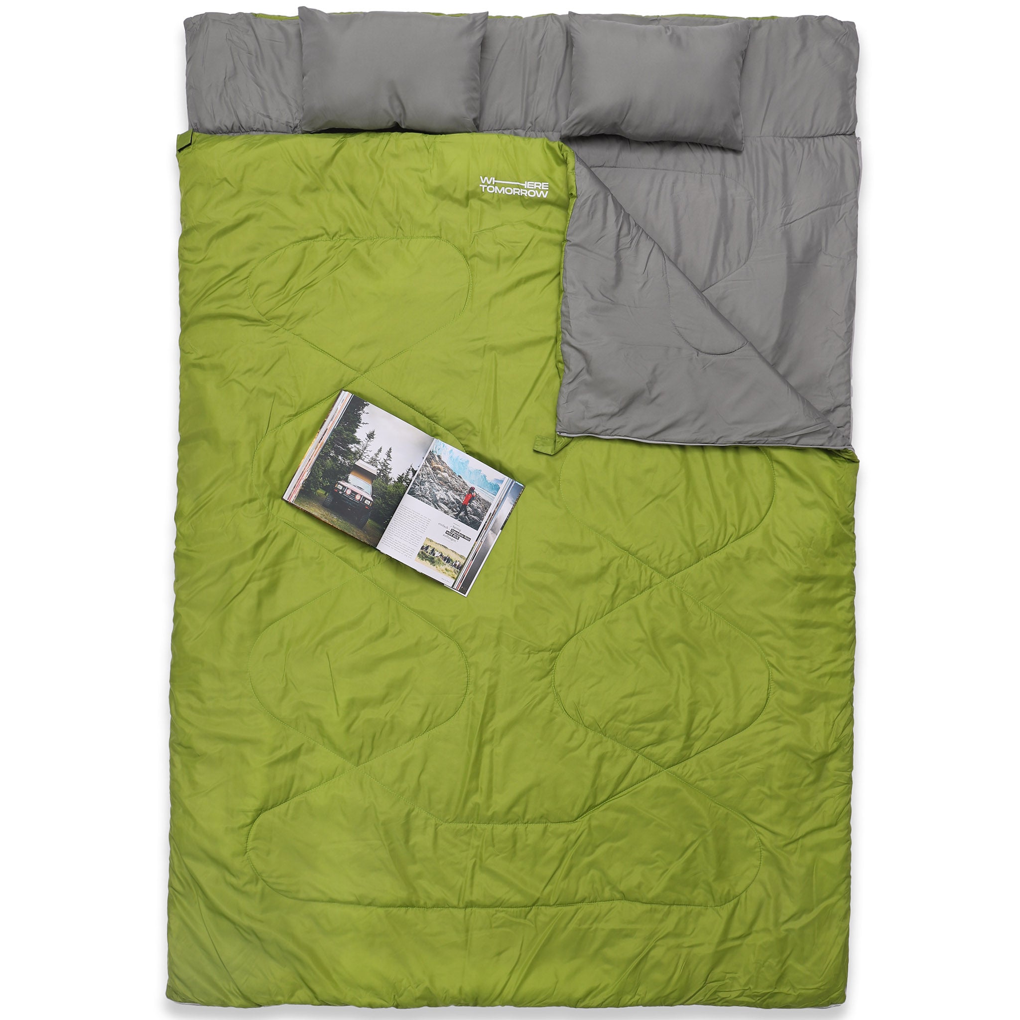 Doppelschlafsack mit Tragetasche - 2-Personen Schlafsack 190x150 cm in Dunkelgrün mit atmungsaktiver Fütterung und extra Kissenfach.