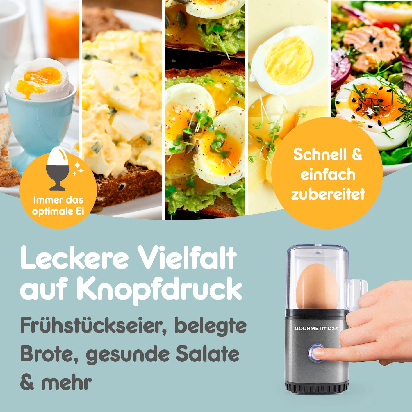 Design-Eierkocher 1 Ei - Anthrazit zeigt vielseitige Eiergerichte einfach und schnell zubereitet mit perfektem Ergebnis