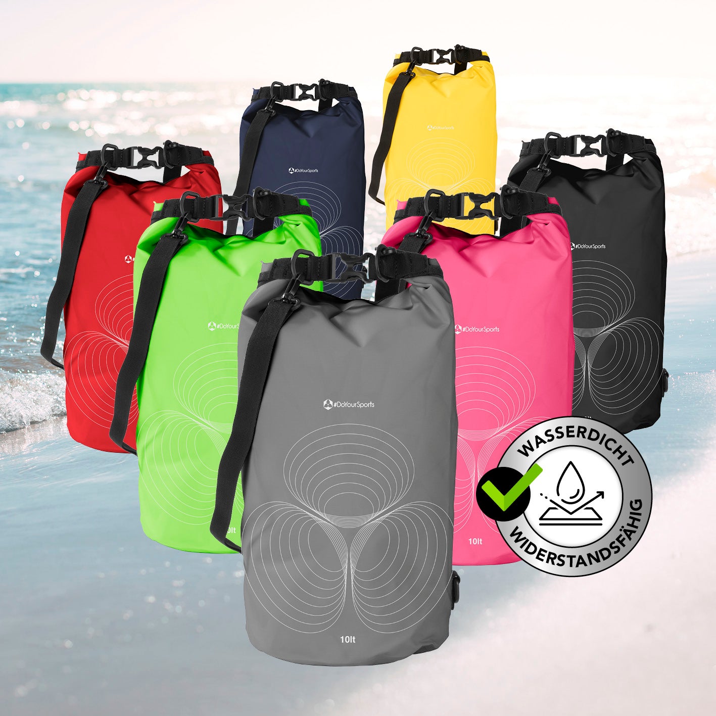 Dry Bag 10L - Grau wasserfester Rucksack mit robustem Rolltop-Verschluss und verstellbarem Schultergurt für Outdoor-Abenteuer.