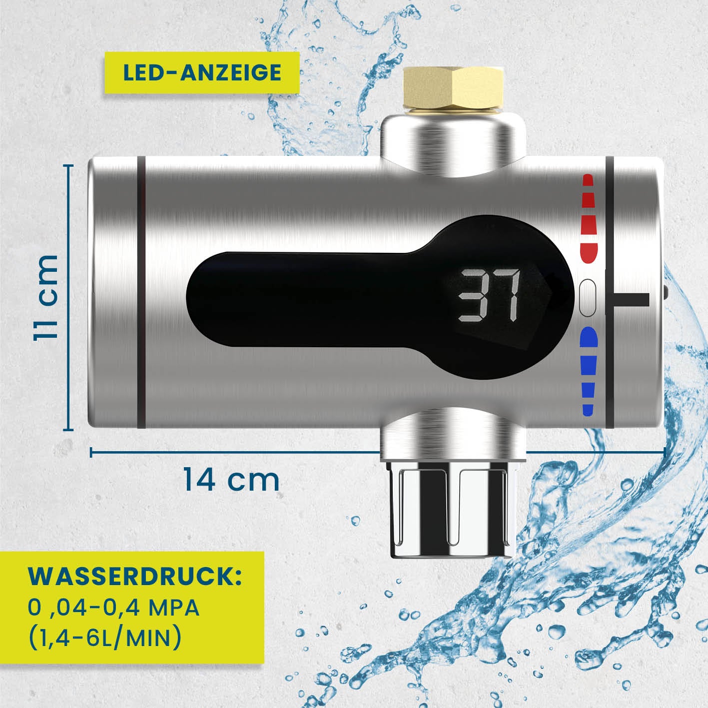 Universal-Durchlauferhitzer aus Edelstahl mit LED-Anzeige, Maße 14x11 cm, für Wasseranschluss im Außenbereich, HOBERG.