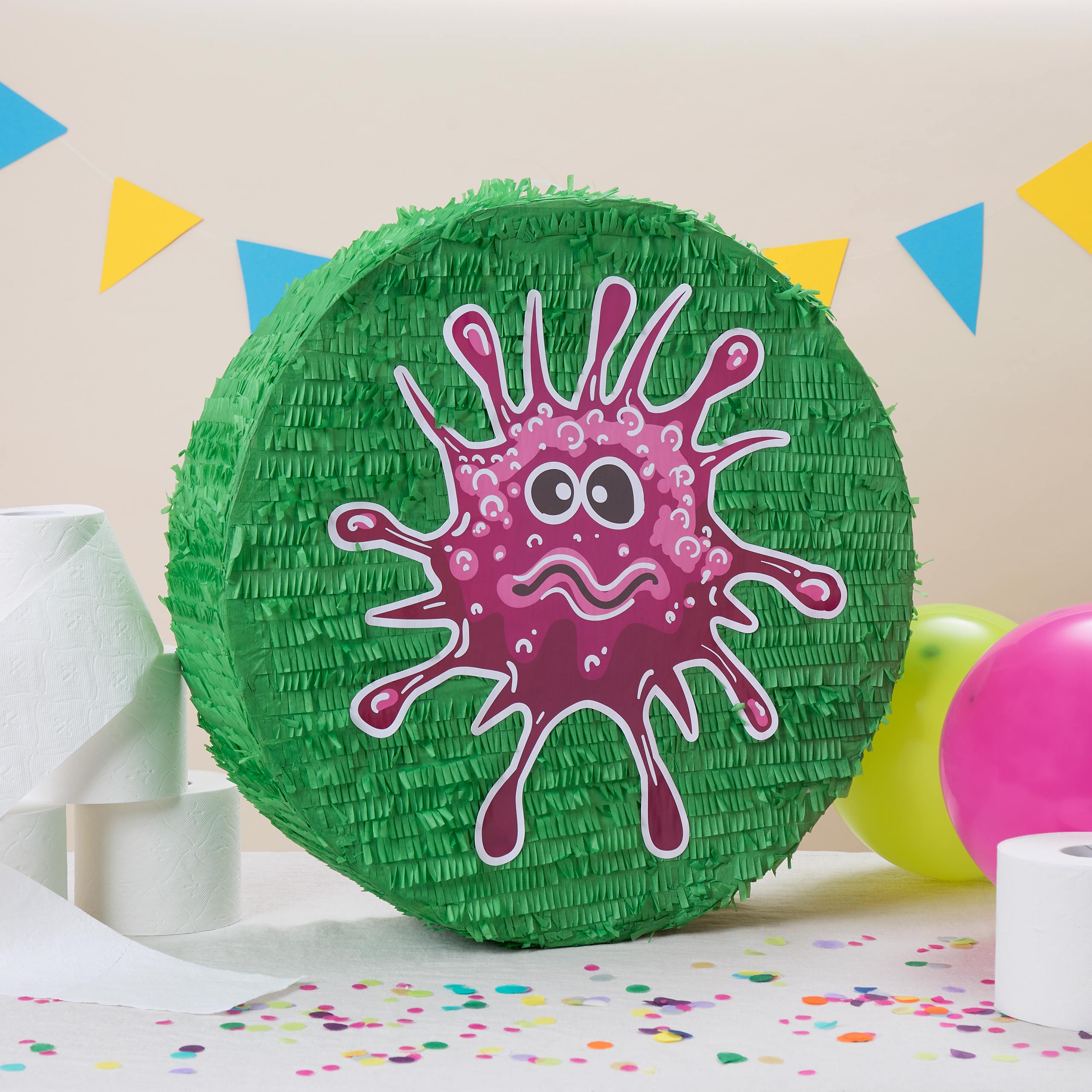 Pinata Set zum Befüllen inkl. Schläger & Augenbinde "Beat The Virus" mit grünem Virus-Motiv, Konfetti und Partyzubehör.