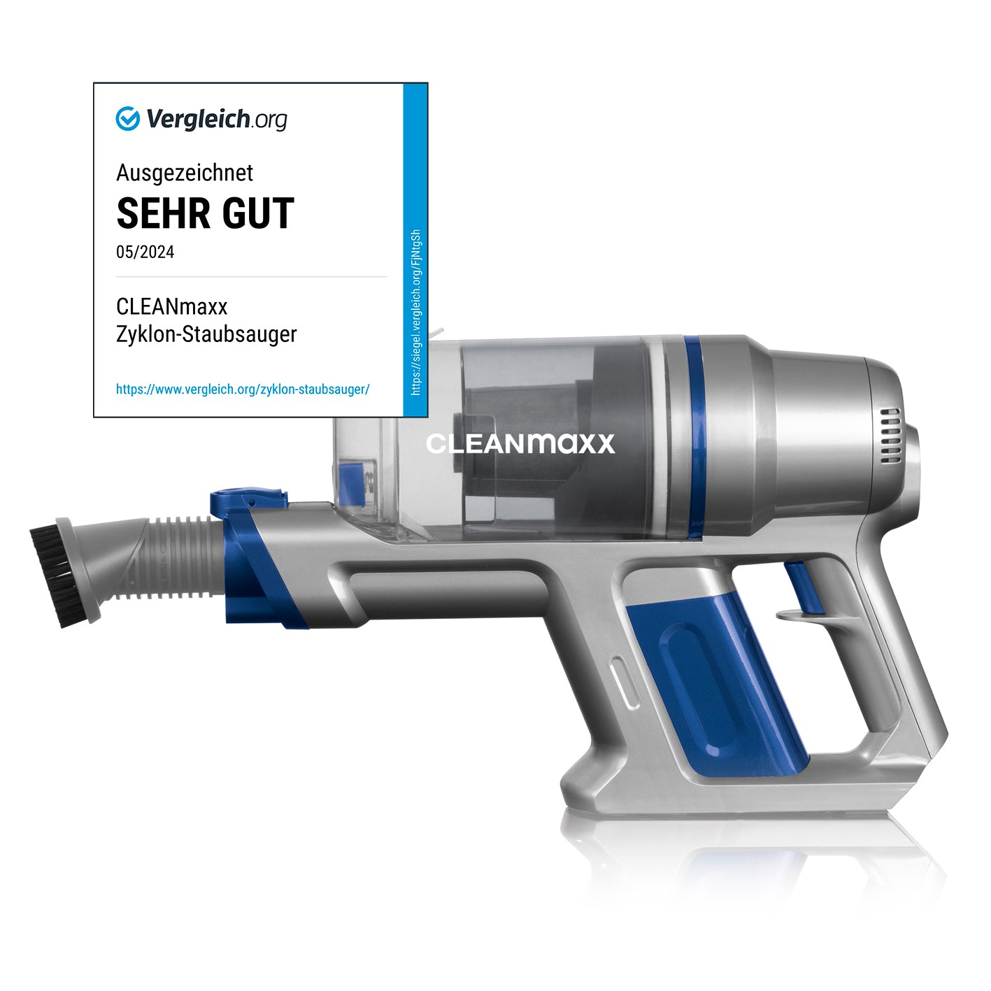 Akku-Zyklon-Staubsauger - silber/blau mit beutelloser Zyklon-Technologie, starkem Akku und LED-Akkustandsanzeige, handlicher Reinigung.