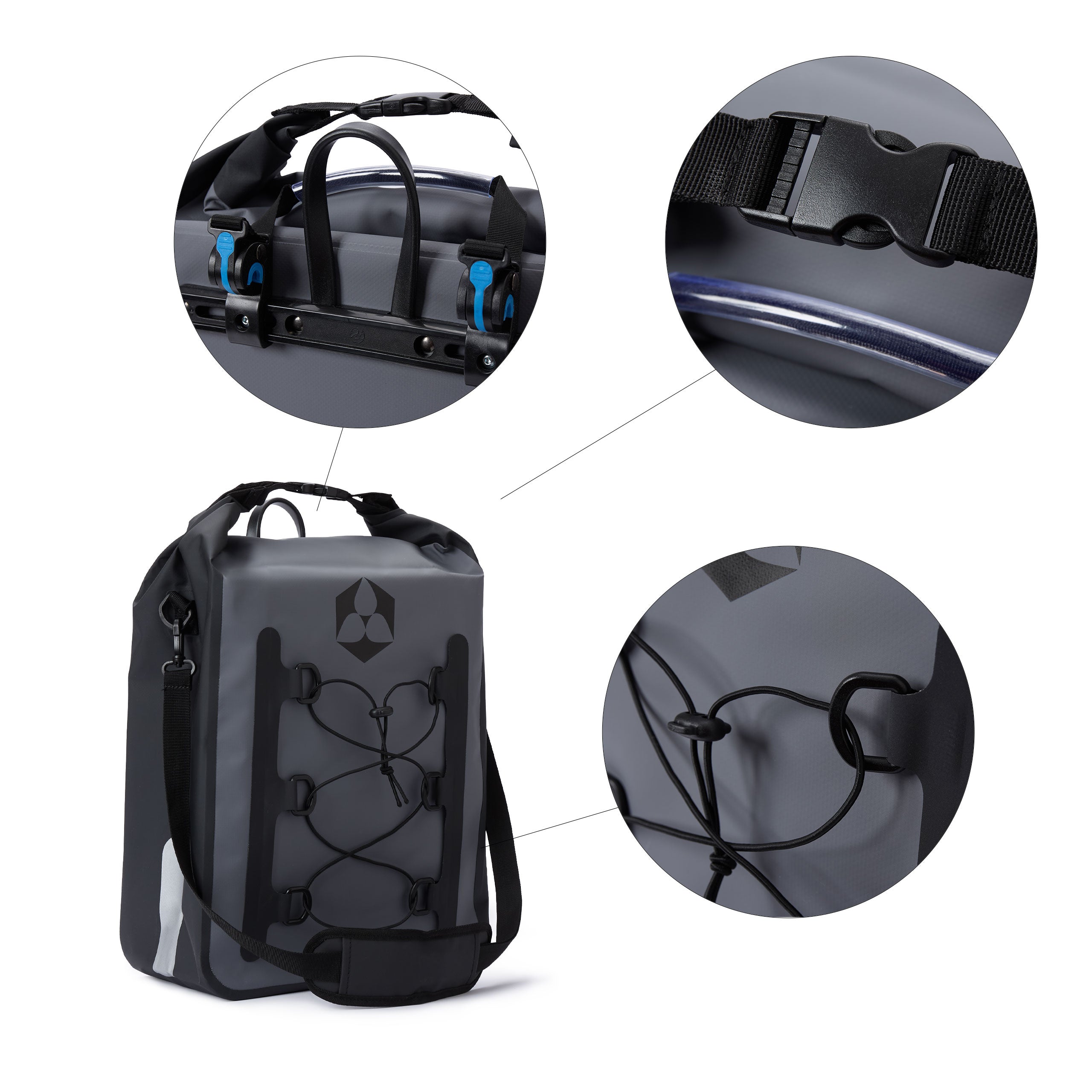 Fahrrad Gepäck Tasche wasserfest - Gepäckträger Packtasche 23L Grau mit reflektierenden Bändern, Schulterriemen und robustem Tragegriff.