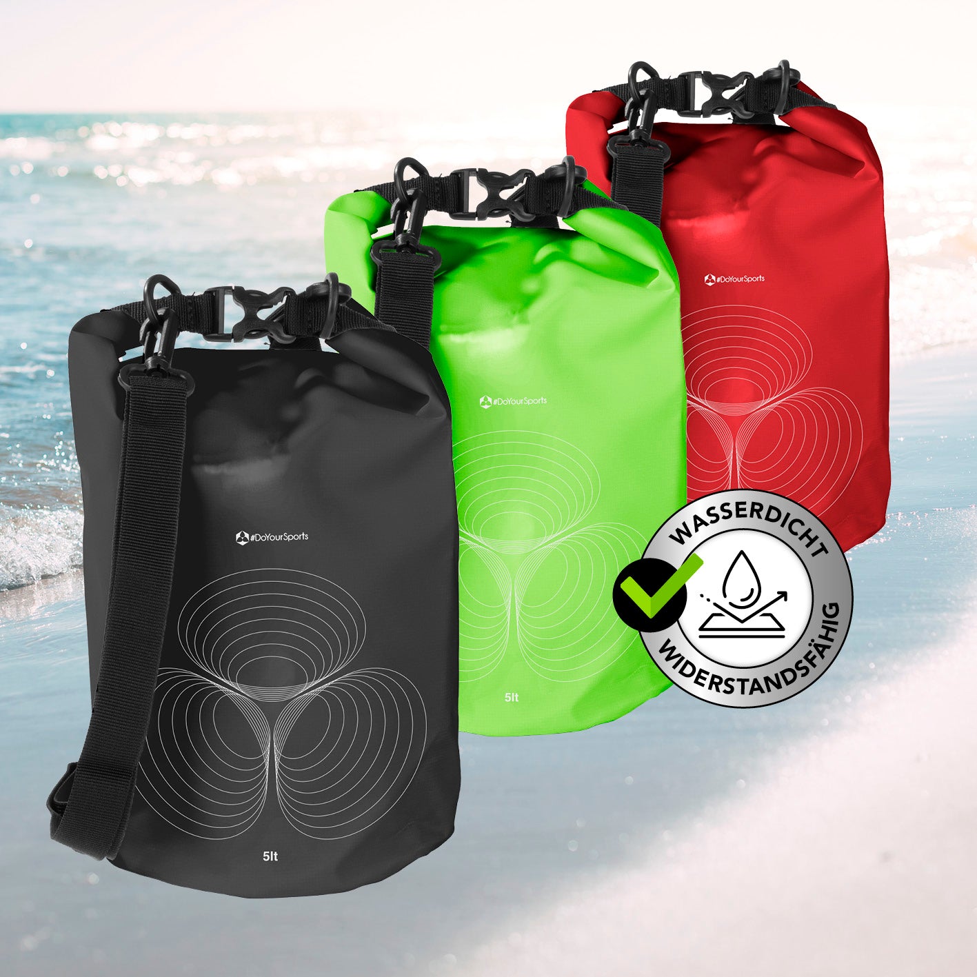 Dry Bag 5L - Schwarz, wasserdichter und robuster Outdoor-Rucksack mit Rolltop-Verschluss und verstellbarem Schultergurt.