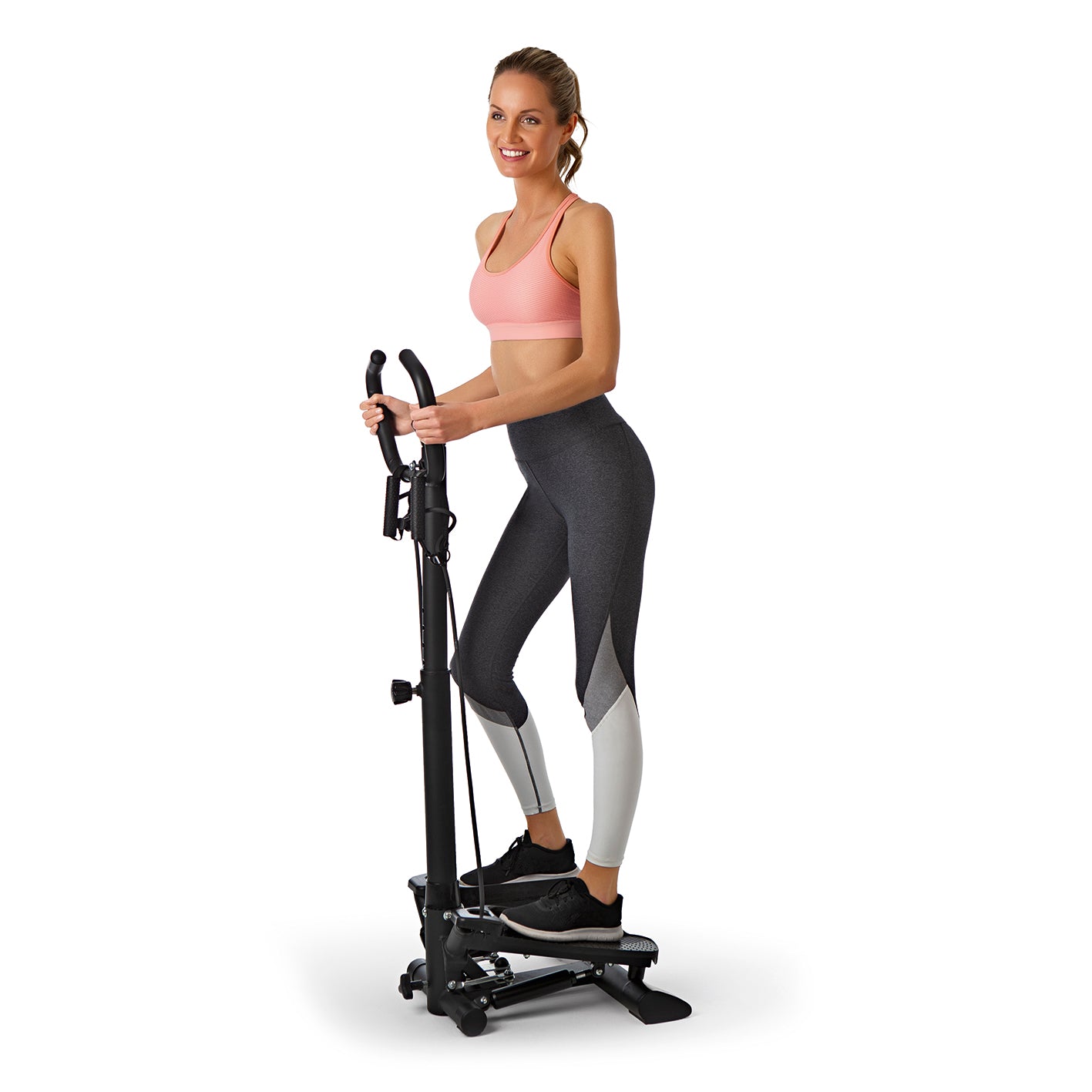 Fitnesstrainer Swing Stepper mit 2 Expanderbändern, kompakter Stepper mit höhenverstellbarem Handgriff und Trainingscomputer.