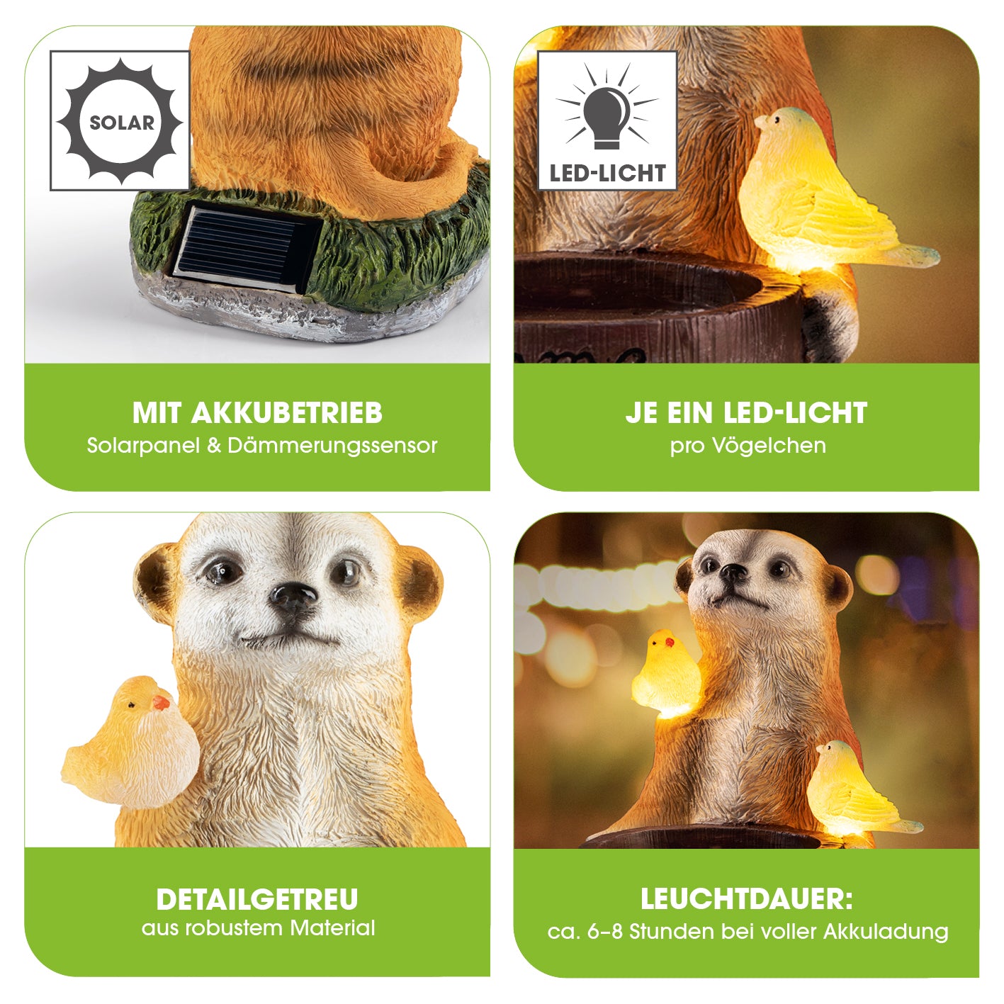 Solarleuchte Erdmännchen als Vogeltränke mit Solarpanel, zwei LED-Vögeln und Willkommensgruß als Gartendeko und Vogelrastplatz.