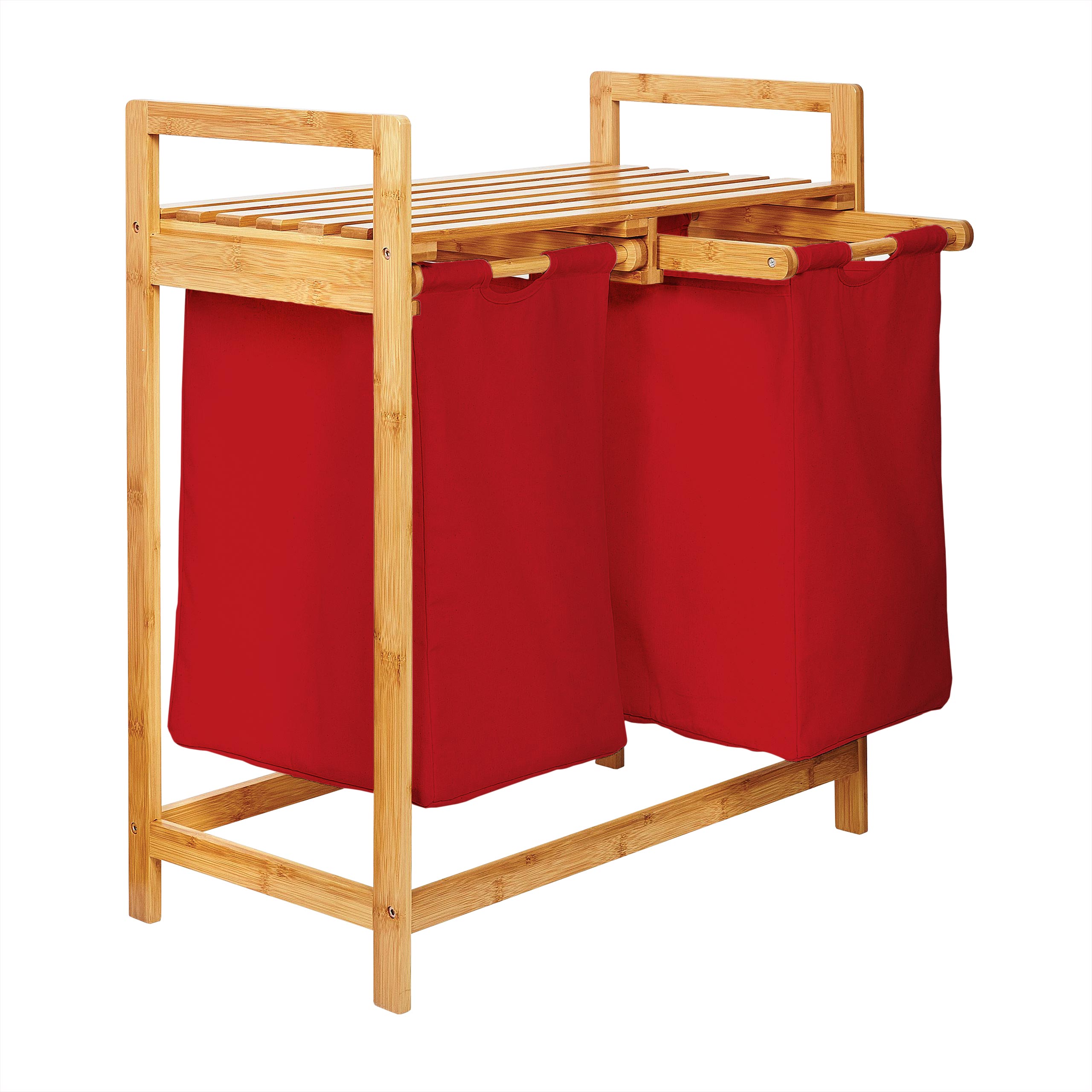 Bambus Wäschekorb mit 2 ausziehbaren roten Wäschesäcken, 73 x 64 x 33 cm, stilvoll und praktisch für Wäschesortierung.
