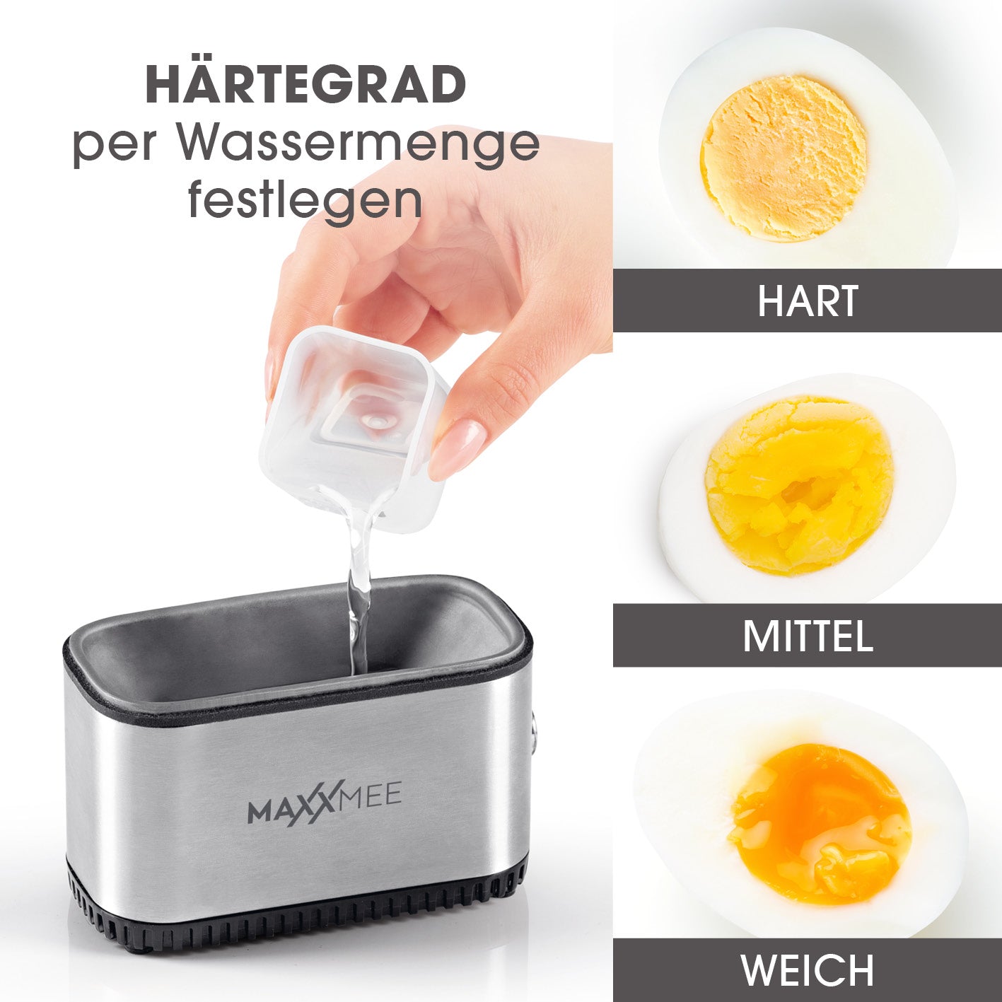 Eierkocher Kompakt 2.0 mit einstellbarem Härtegrad per Wassermenge für 2 Frühstückseier – hart, mittel oder weich kochbar.