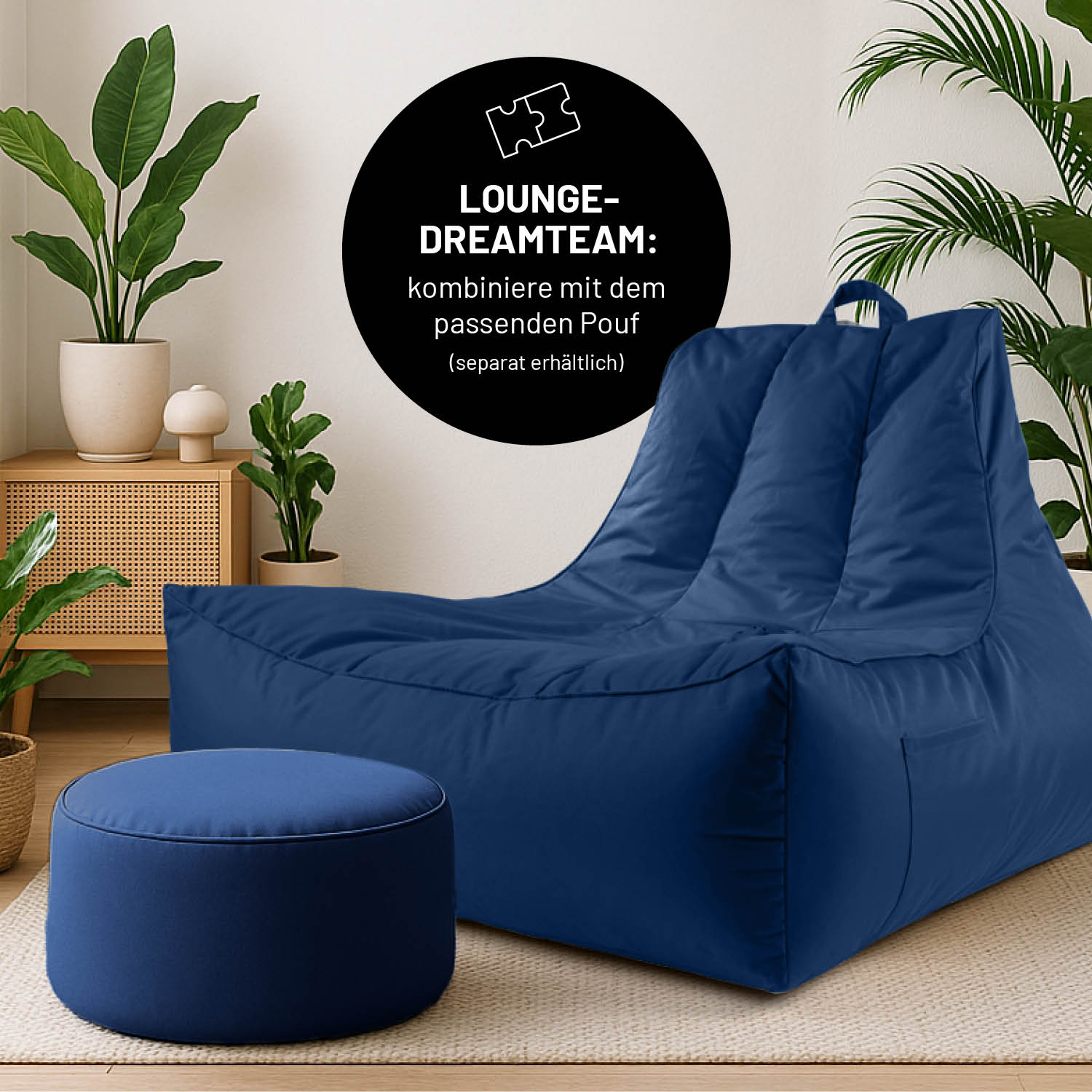 Premium Lounge-Sessel - 380 L - 100 x 100 x 80 cm - Navyblau mit weicher EPS-Füllung und praktischem Getränkehalter für drinnen und draußen.
