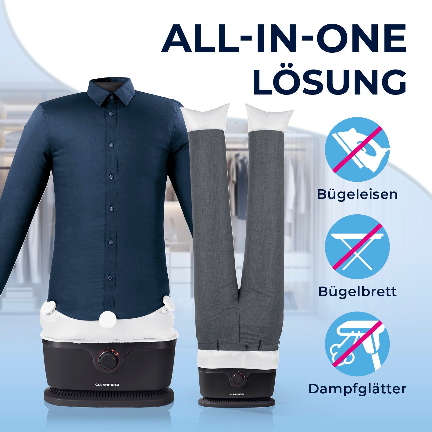 Hemdenbügler PRO mit Hosenaufsatz - Schwarz zeigt automatisches Bügeln von Hemden und Hosen ohne Bügeleisen, Brett oder Dampfglätter.