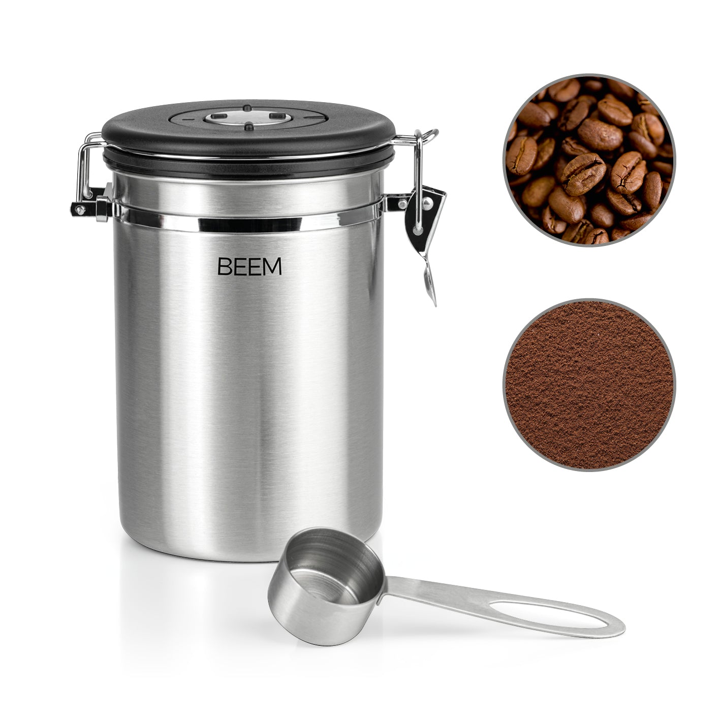 KAFFEEDOSE Vorratsdose mit Dosierlöffel - 1,9 l - 3er-Set aus Edelstahl mit luftdichtem Bügelverschluss und Frischeschutzventil.