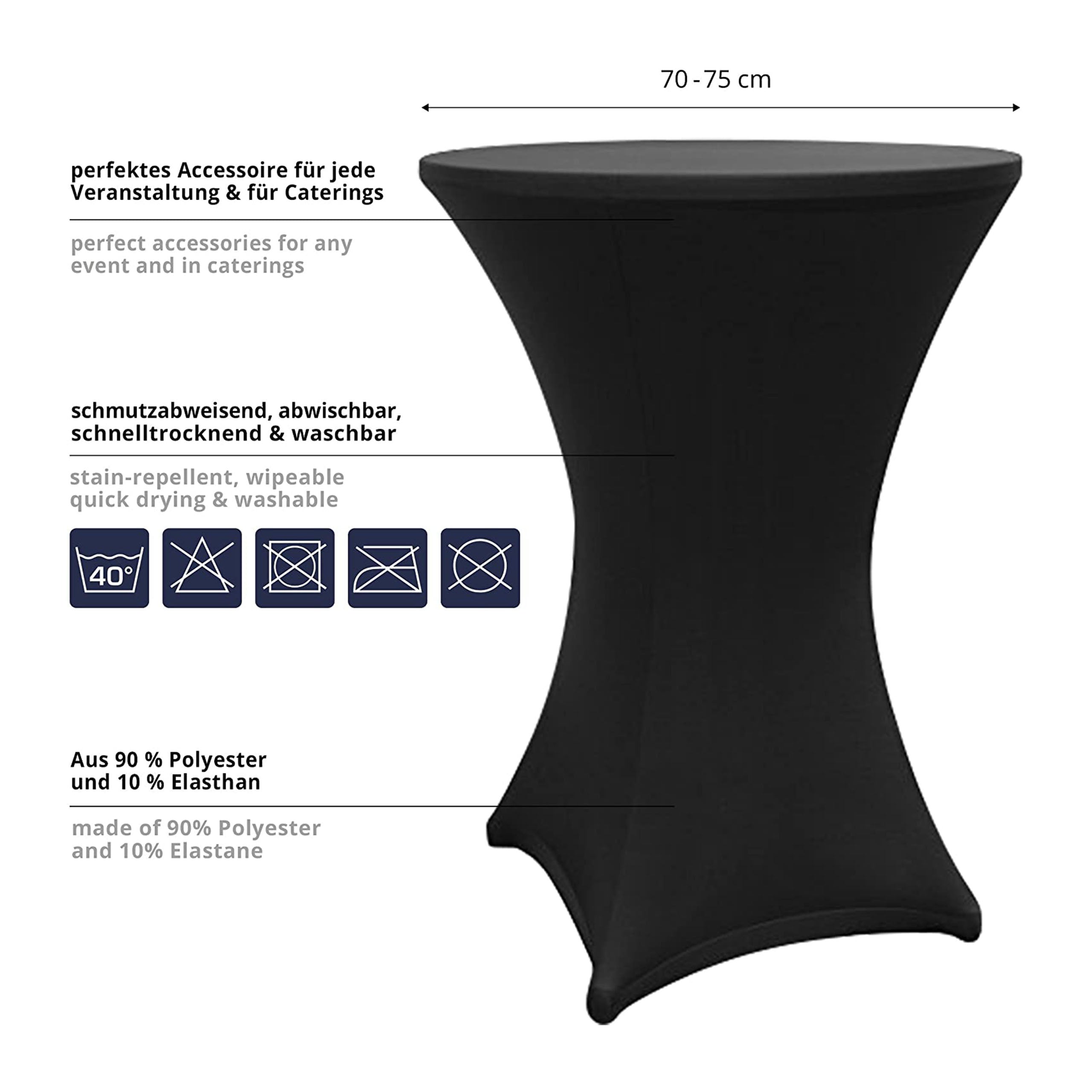 Stehtischhusse Ø 70-75 cm Schwarz 5er-Set, schmutzabweisend, abwischbar, schnell trocknend, elastisch, waschbar bei 40 °C