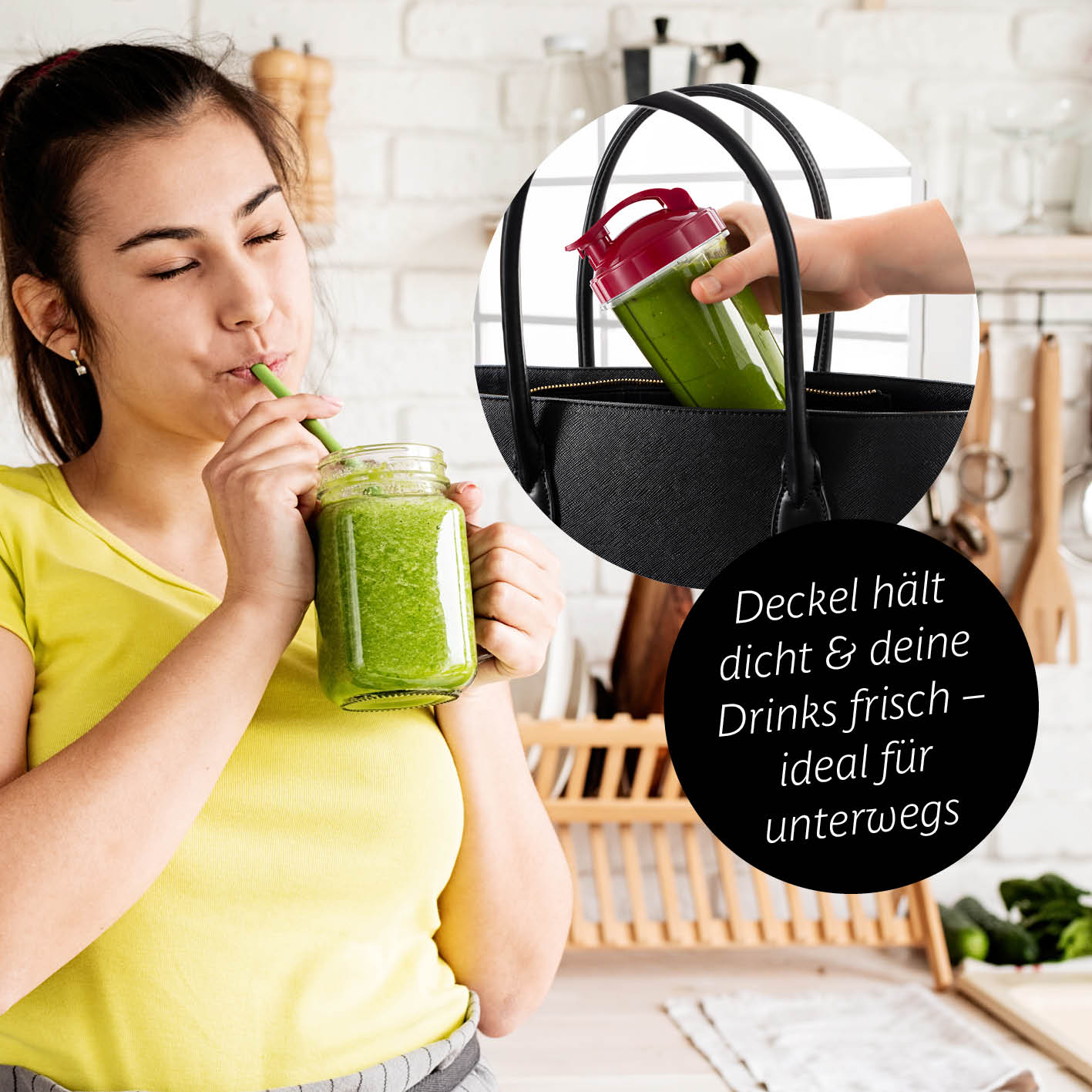 Frau trinkt grünen Smoothie aus Glas mit Strohhalm, praktischer To-go-Becher aus Mr. Magic Power 400 Pro mit Zubehörset L - Silber/Rot