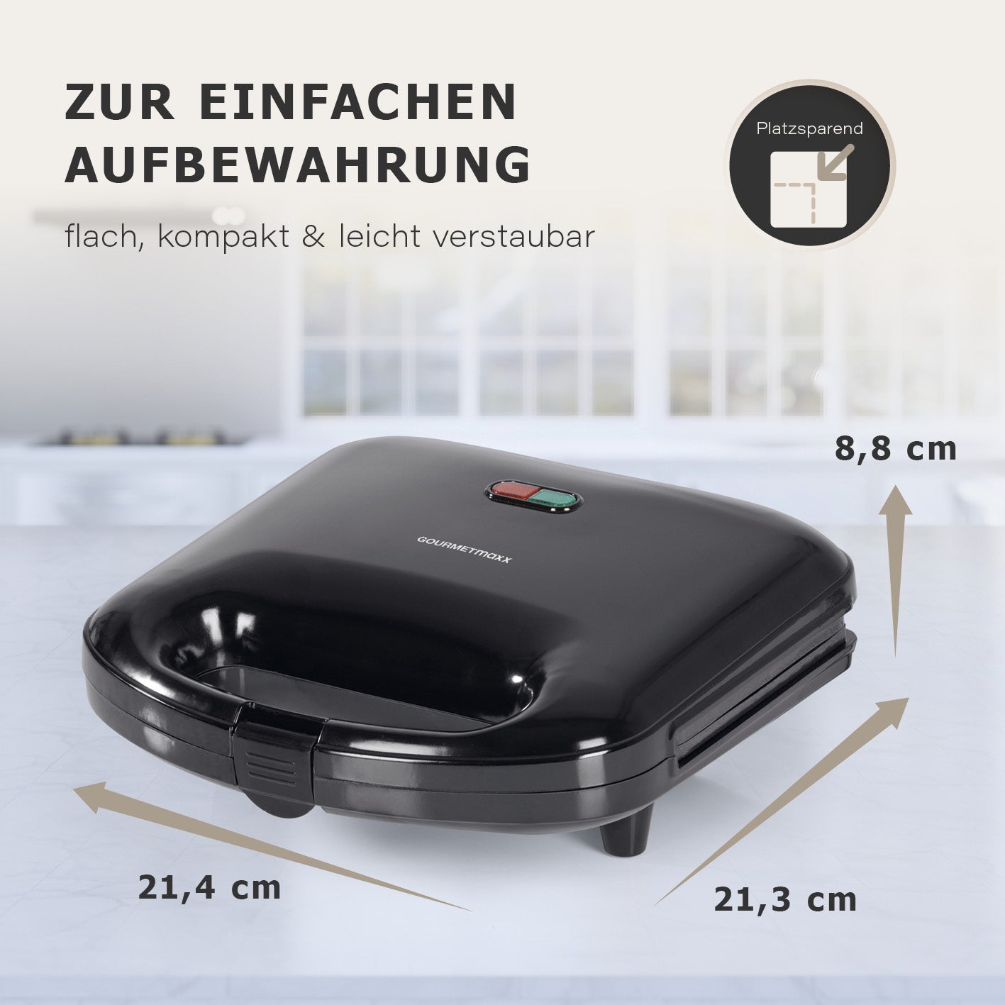 Sandwich Maker mit LED-Kontrollleuchte flach, kompakt, leicht verstaubar mit Antihaftbeschichtung und Kontrollleuchte in Rot und Grün.
