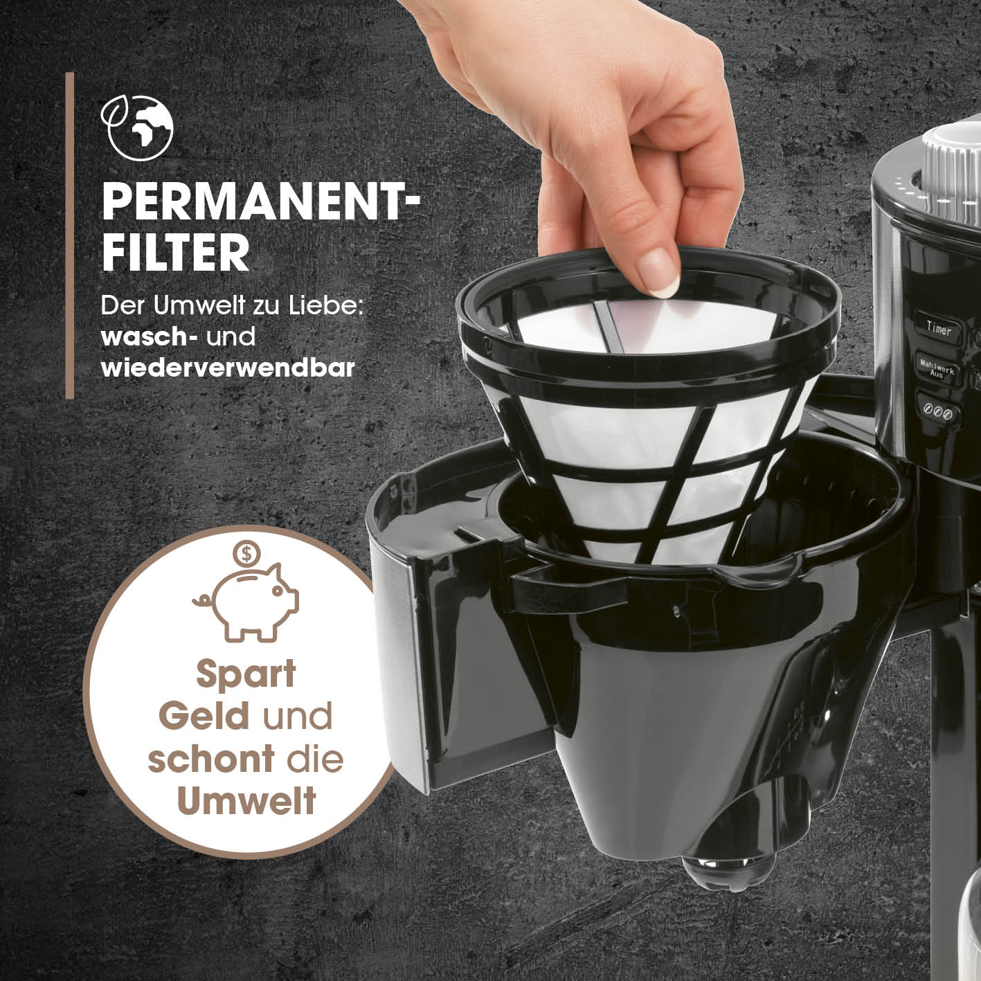 Kaffeemaschine mit Mahlwerk zeigt waschbaren Permanentfilter für nachhaltigen Kaffeegenuss und Umweltfreundlichkeit.