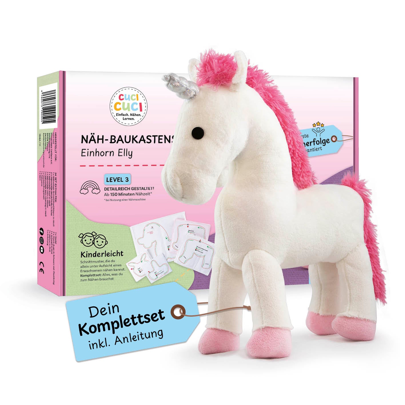 Näh-Baukastenset - 4 Motive Alpaka, Herz, Einhorn & Pferd mit Einhornstofftier und Komplettset für kinderleichtes Nähen ab 5 Jahren.
