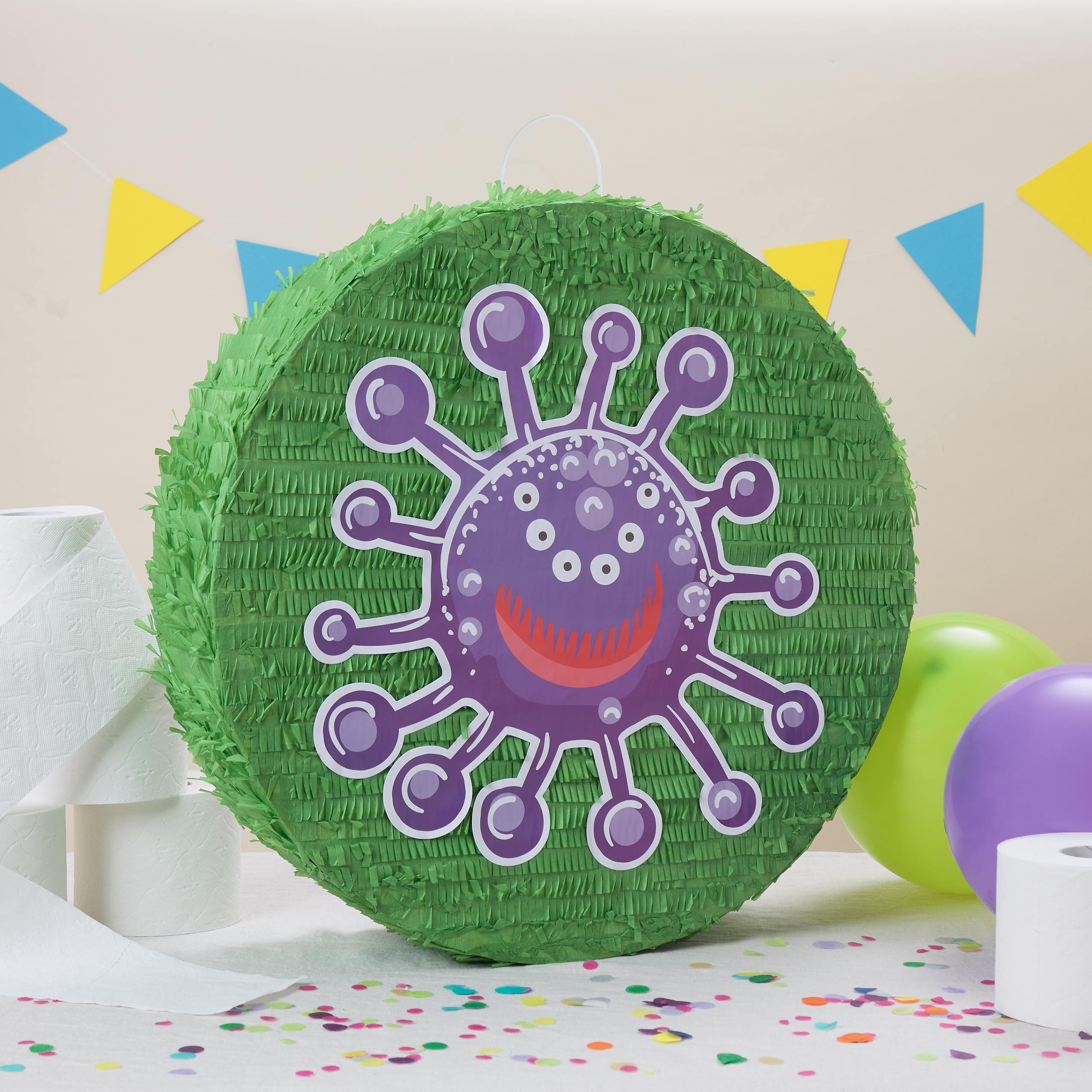 Pinata Set zum Befüllen inkl. Schläger & Augenbinde "Beat The Virus" – grüner Pinata in Virus-Design für Kindergeburtstag.