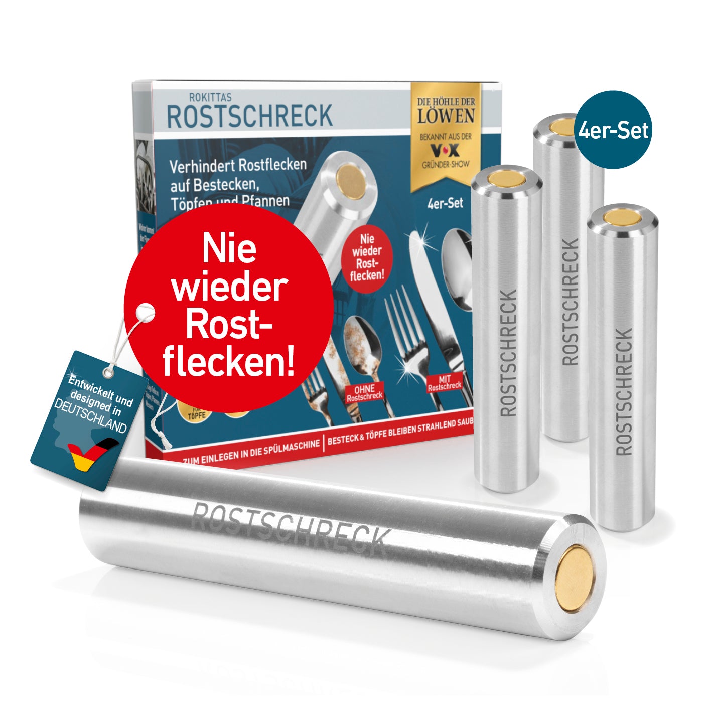 Rostschreck - 4er-Set verhindert Rostflecken auf Bestecken, Töpfen und Pfannen ohne Chemie, ideal für Spülmaschine und Besteckkasten.