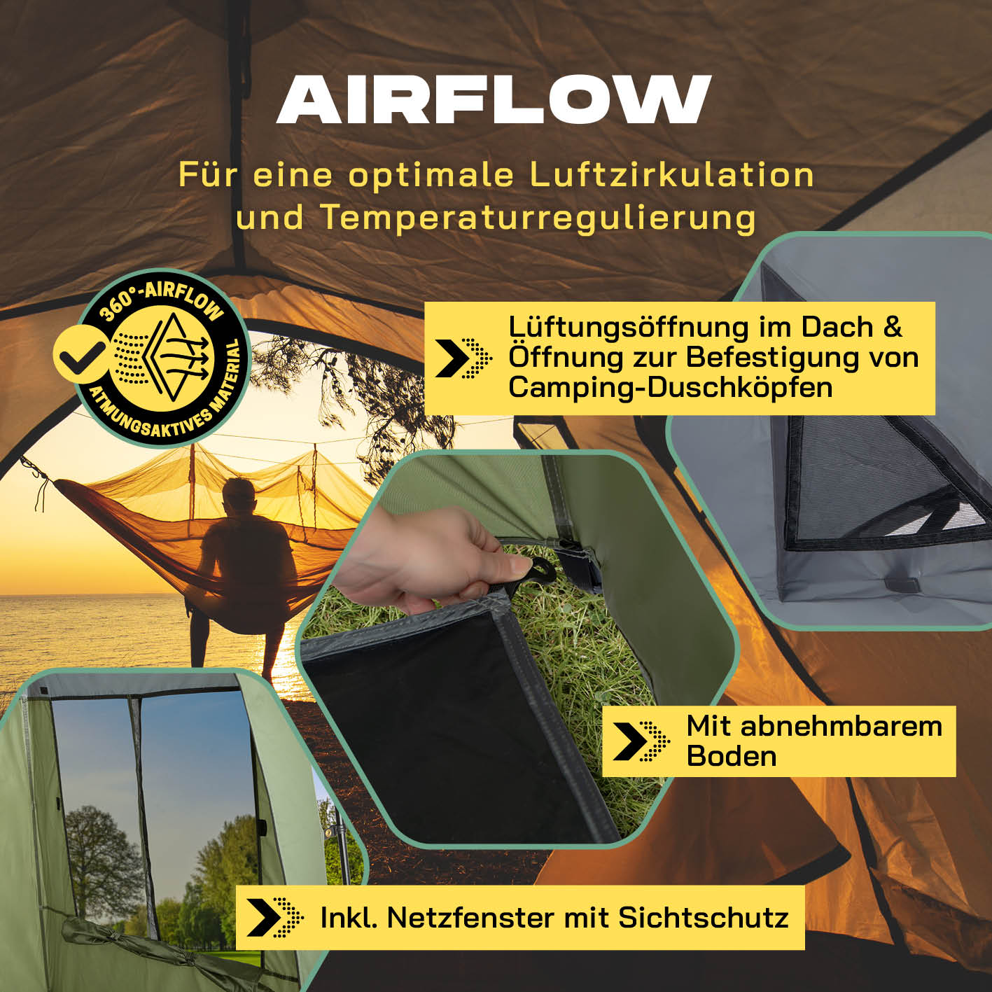 Pop-up-Duschzelt für 2 Personen - grün/grau mit optimaler Luftzirkulation, abnehmbarem Boden und Sichtschutz-Netzfenster.