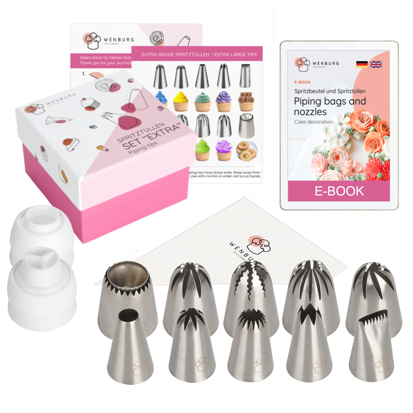 Spritzbeutel-Set mit Tüllen - 24-tlg. mit Edelstahl-Tüllen, Einwegspritzbeuteln, Adaptern und E-Book zum Dekorieren von Kuchen.