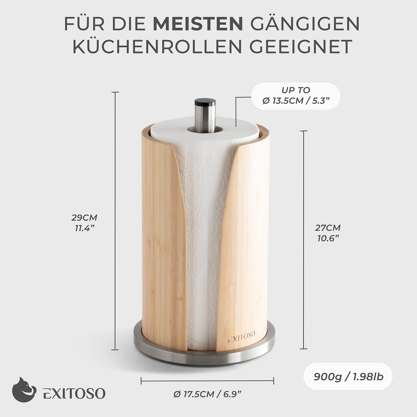Küchenrollenhalter - Bambus + Edelstahl, nachhaltig, rostfrei, platzsparend, passend für gängige Küchenrollen bis Ø 13,5 cm, modernes Design
