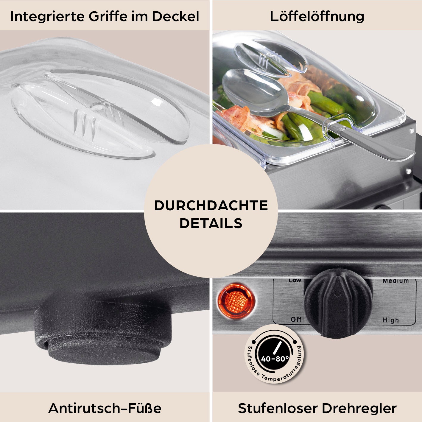 Buffetwärmer – 3 × 1,5 l mit integrierten Griffen, Löffelöffnung, Antirutsch-Füßen und stufenlosem Drehregler für Temperatur.