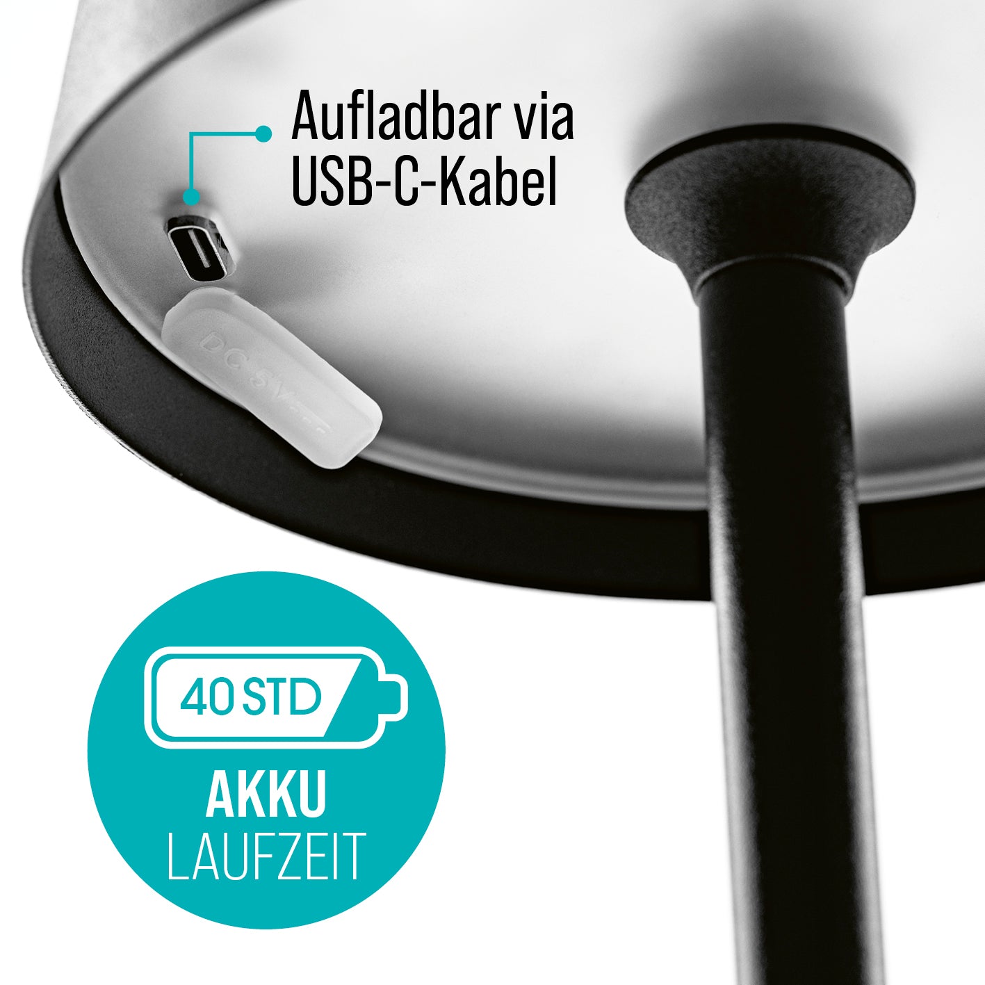 LED-Akku-Tischleuchte mit USB-C Aufladung, 40 Std. Akku, dimmbar, innen und außen, kabellos, stilvolle warmweiße LED.