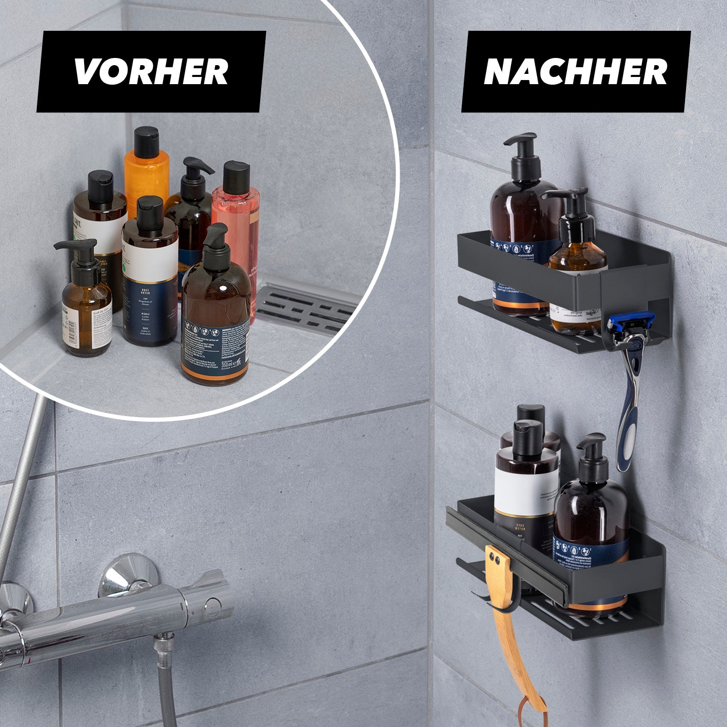 Dusch-Organizer zum Kleben oder Bohren - 2er-Set - Schwarz zeigt platzsparende Wandhalterung für Duschutensilien mit Hakenleiste.