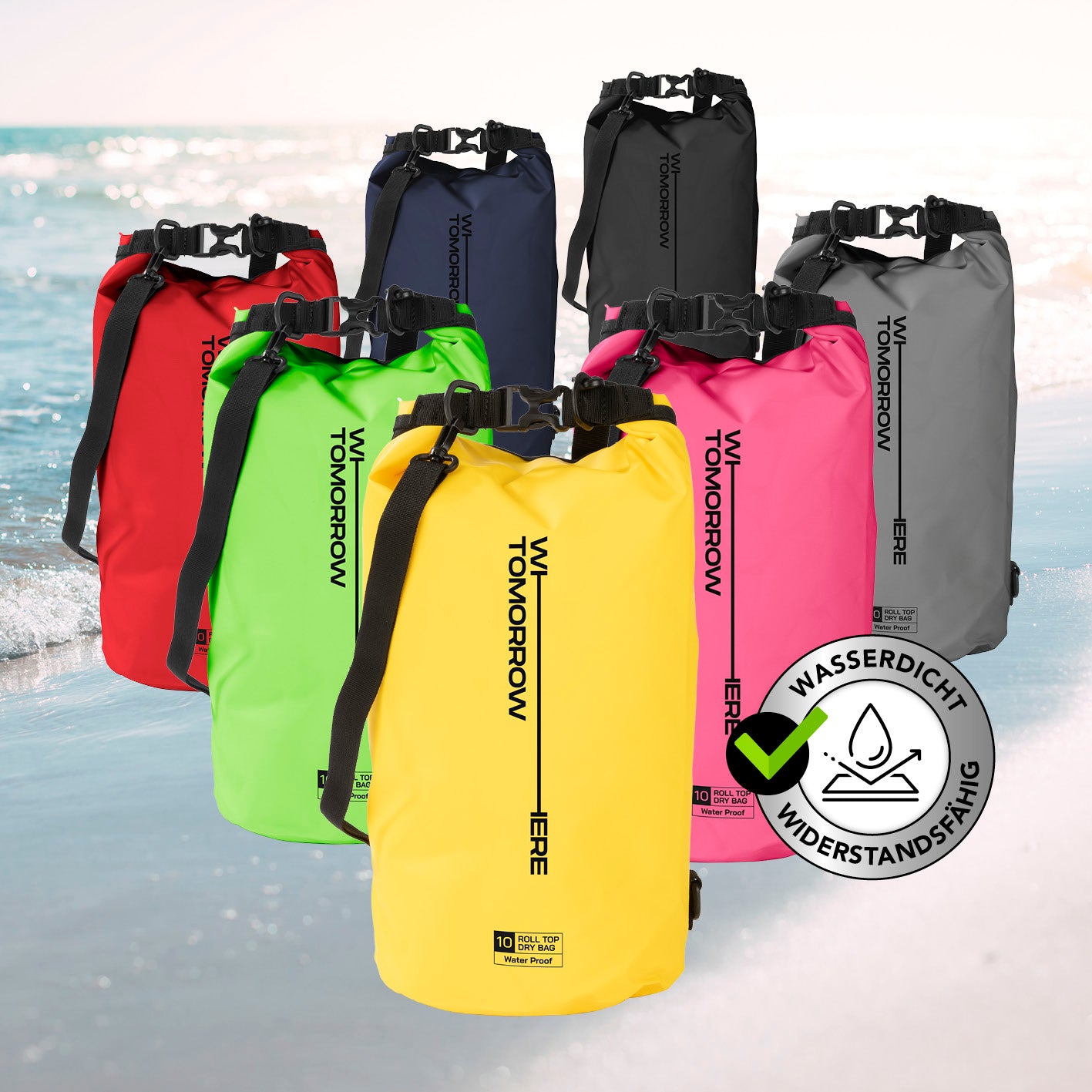 Dry Bag 10L - Style 02 - Gelb wasserdicht, robust, mit verstellbarem Schultergurt, ideal für Outdoor-Abenteuer und Wassersport.