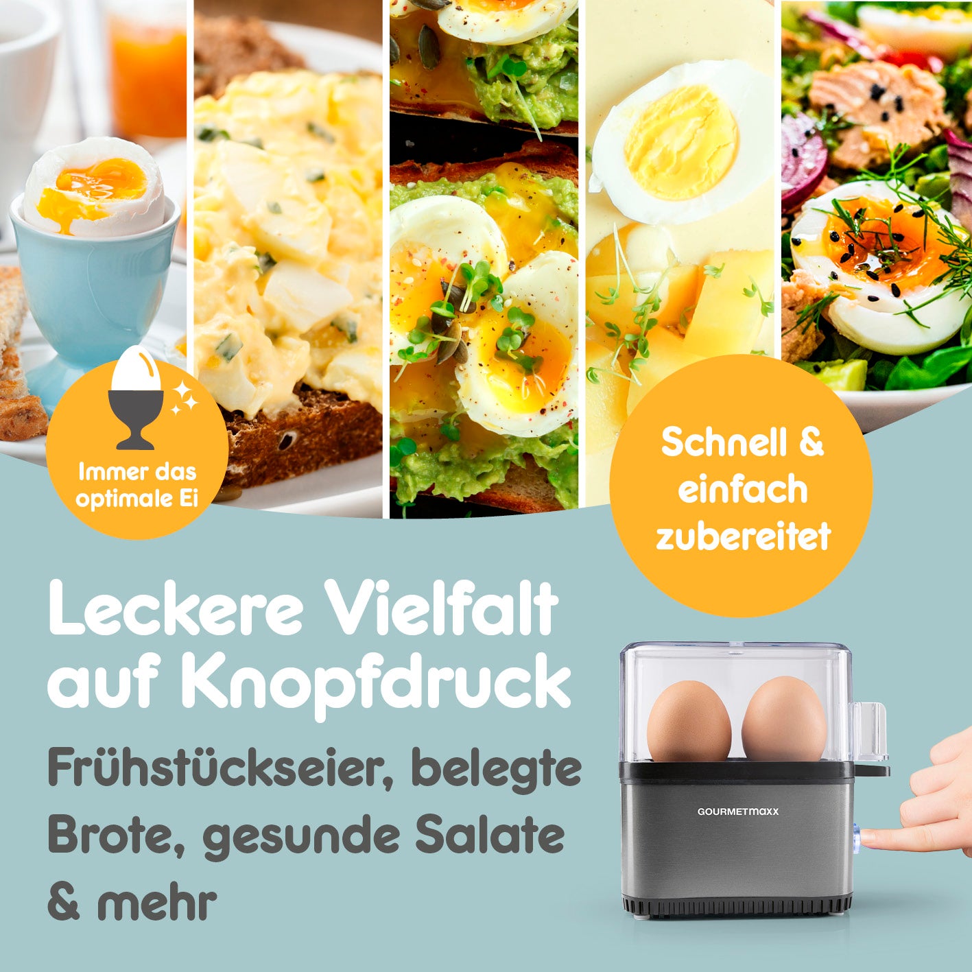 Design-Eierkocher 2 Eier - Anthrazit zeigt perfekte Frühstückseier, schnell und einfach zubereitet für vielseitige Gerichte zuhause oder unterwegs.