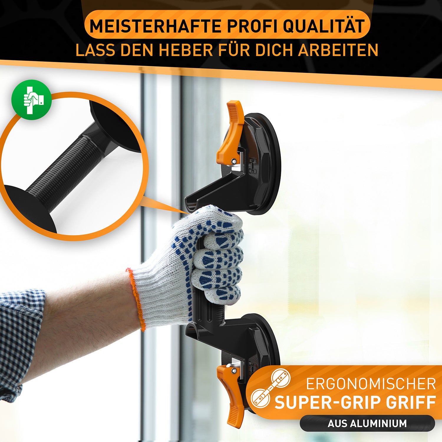 Multifunktionaler Saugheber - 2er Set mit ergonomischem Super-Grip Griff aus Aluminium für sicheres Heben von Glas und Fliesen.