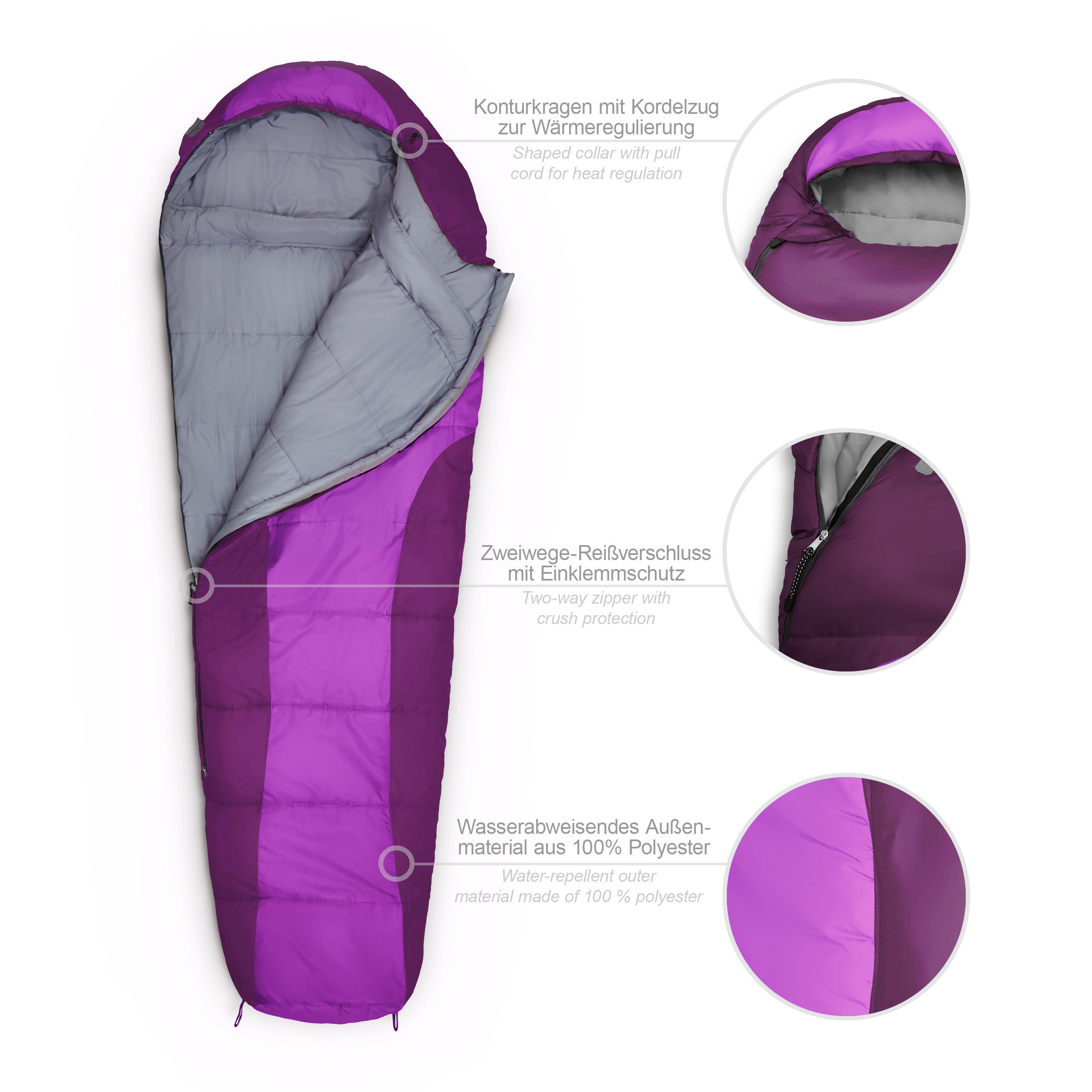 Camping Schlafsack Small & Light Mumienschlafsack lila mit wasserabweisendem Material, Kordelzug, Wärmekragen und Packsack 220x80x50 cm.