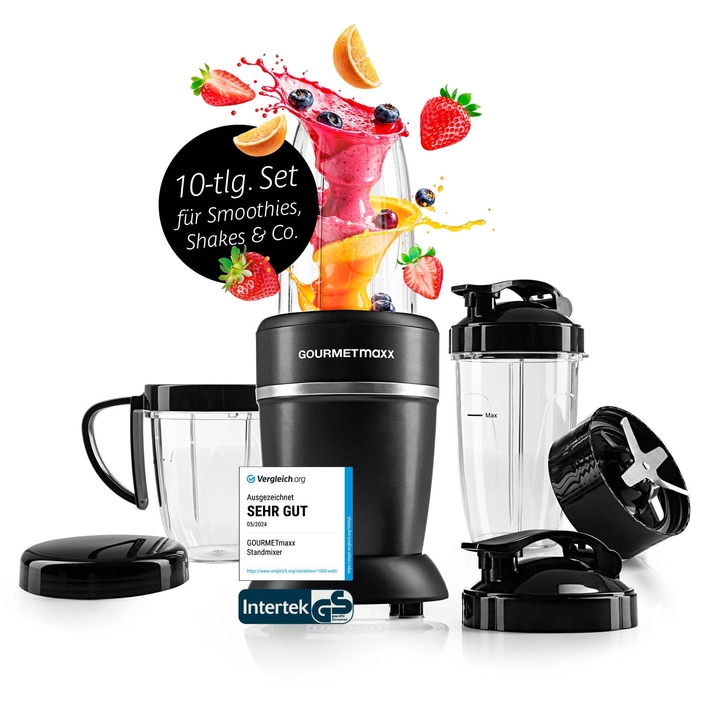 Nutrition Mixer Pro 1.000 mit Zubehörset L - Schwarz/Silber, kompakter Standmixer mit 10-teiligem Set für Smoothies und Shakes.