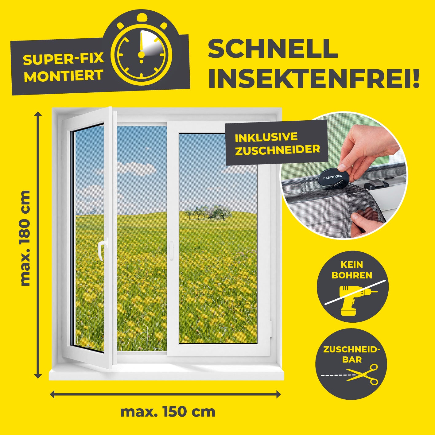 Moskitonetz für Fenster mit selbstklebendem Klettband 150 x 180 cm Schwarz, einfache Montage ohne Bohren, zuschneidbar, effektiver Insektenschutz.