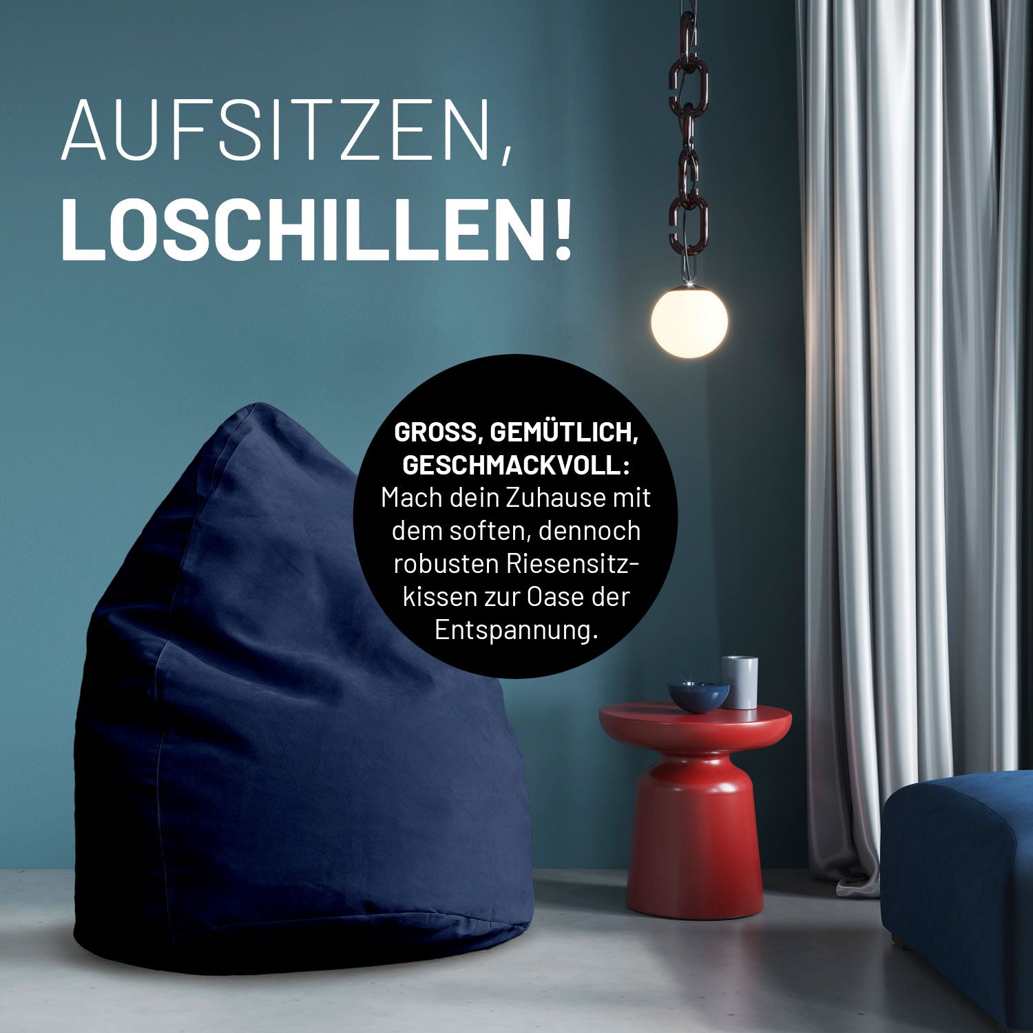Luxury XL PLUS Sitzsack (220 L) Dunkelblau, large, gemütlich, indoor Sitzkissen mit formanpassender EPS-Füllung für entspanntes Sitzen.