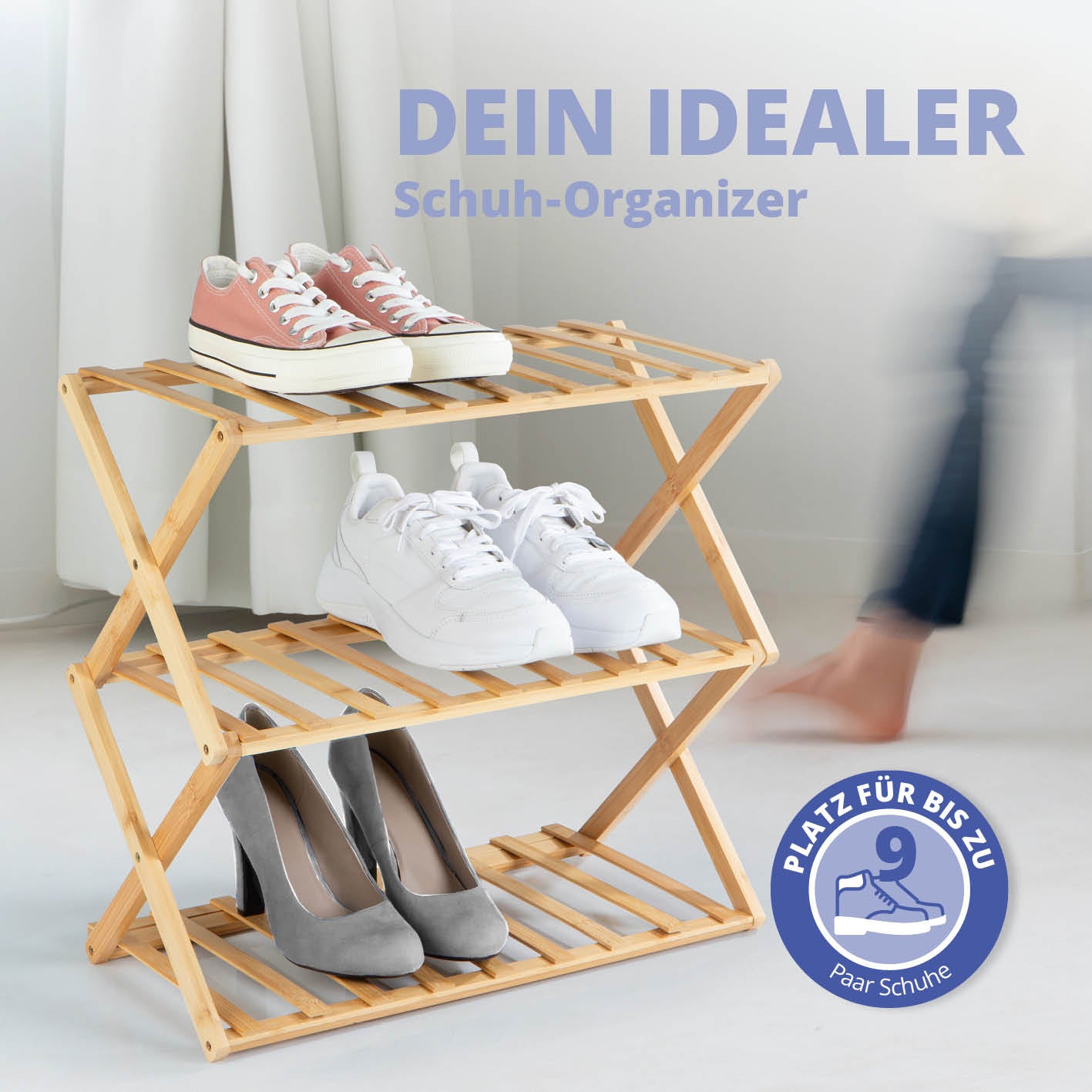 Bambusregal mit 3 Etagen, faltbar und platzsparend, ideal als Schuh-Organizer für bis zu 9 Paar Schuhe aus 100 % Bambus.