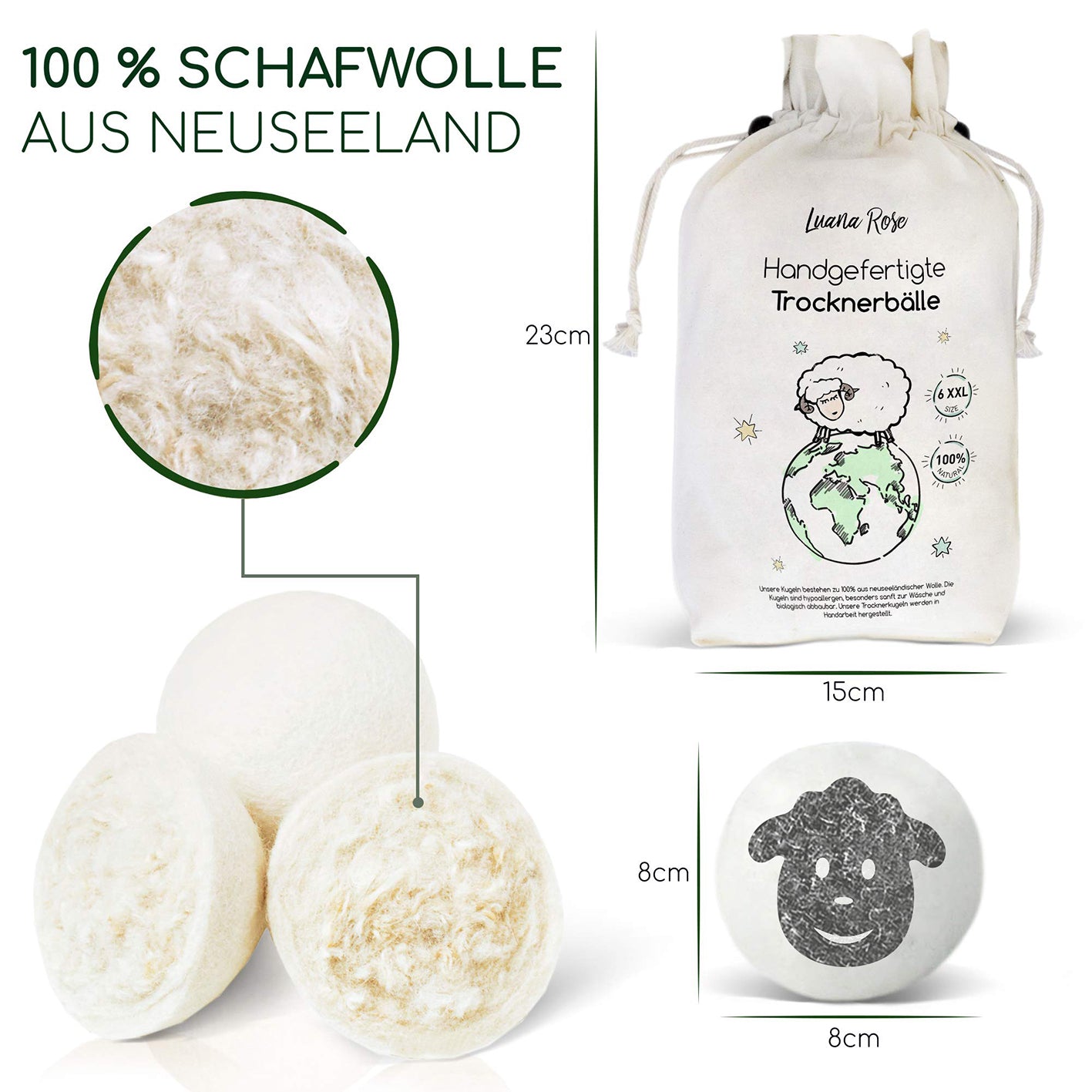 Trocknerbälle für Wäschetrockner - 6er-Set - Schafwolle aus Neuseeland, handgefertigt, hypoallergen und umweltfreundlich in Beutel.