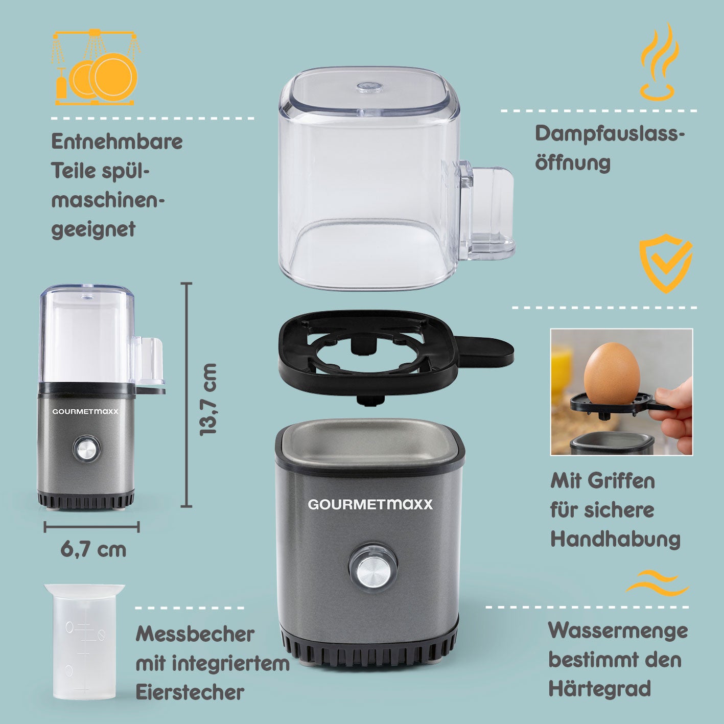 Design-Eierkocher 1 Ei - Anthrazit mit abnehmbaren Teilen, Messbecher, Eierstecher und Dampfauslassöffnung für einfaches Eierkochen.