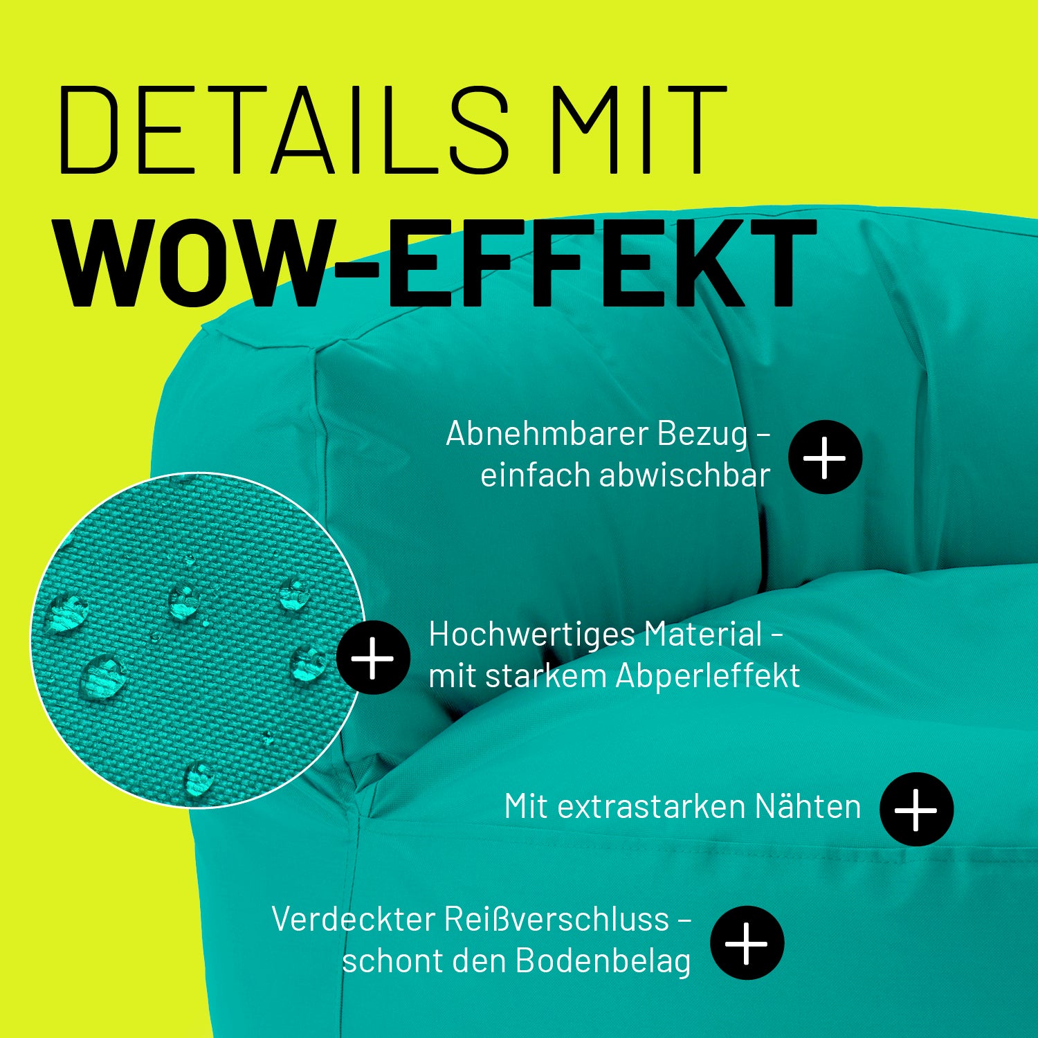 Sitzsack Lounge (320 L) in Türkis mit abnehmbarem Bezug, wasserabweisendem Material, extrastarken Nähten und verdecktem Reißverschluss.